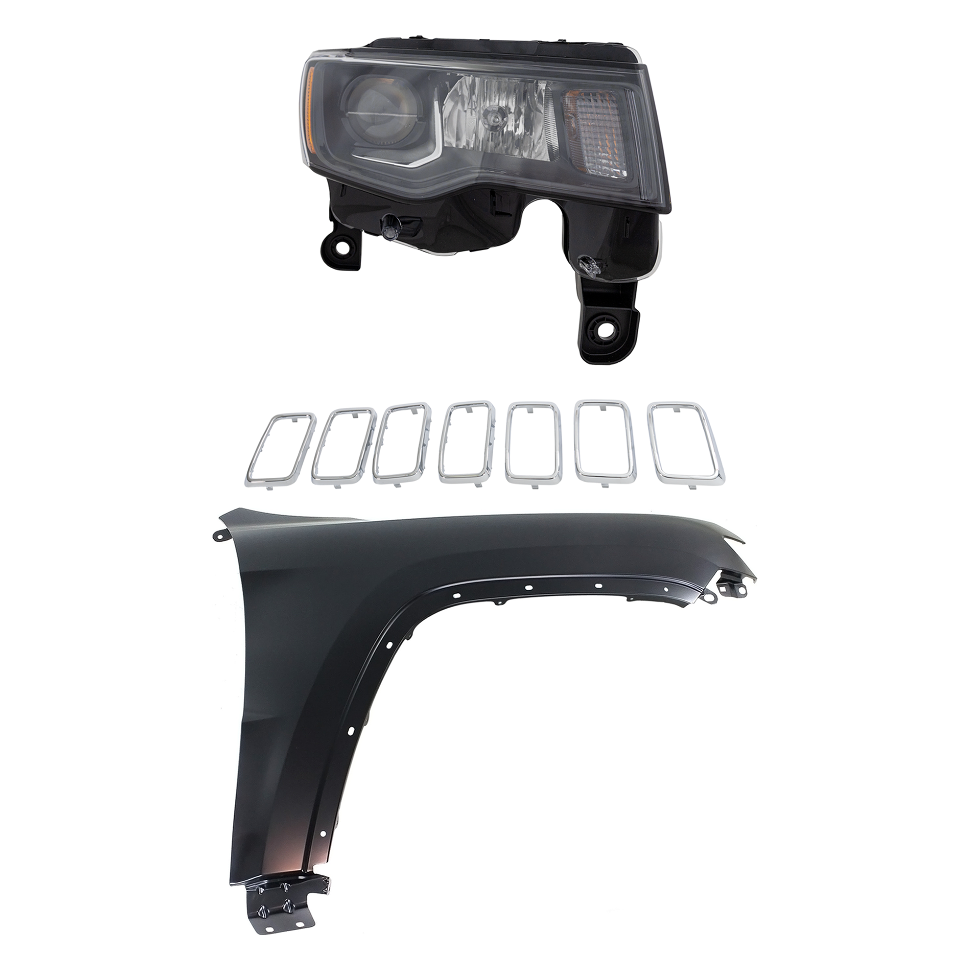 AM GRAND CHEROKEE 17-21 HEAD LAMP RH Assembly Halogen 3 pc Kit with Fender and Grille Assembly SKU KIT 030823-13001 Partslink CH2503309 CH1241272 CH1210125 OEM 68266646AE 55369596AF 6ML09SZ0