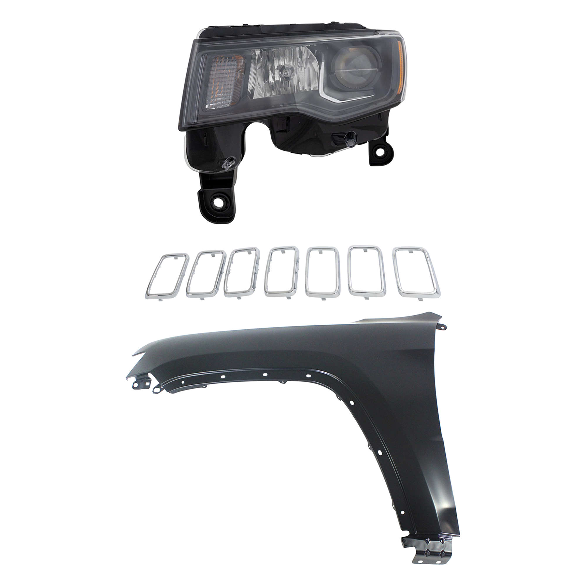 AM GRAND CHEROKEE 17-21 HEAD LAMP LH Assembly Halogen 3 pc Kit with Fender and Grille Assembly SKU KIT 030823-13002 Partslink CH2502309 CH1240272 CH1210125 OEM 68266647AE 55369597AF 6ML09SZ0