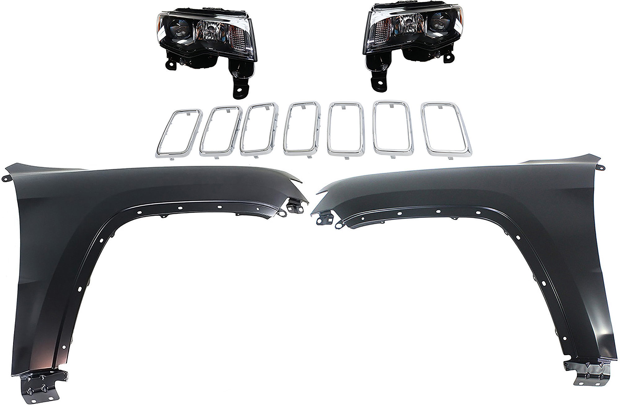 AM GRAND CHEROKEE 17-21 HEAD LAMP RH AND LH Assembly Halogen 5 pc Kit with Fenders and Grille Assembly SKU KIT 030823-130 Partslink CH2502309 CH2503309 CH1240272 CH1241272 CH1210125 OEM 68266646AE 68266647AE 55369597