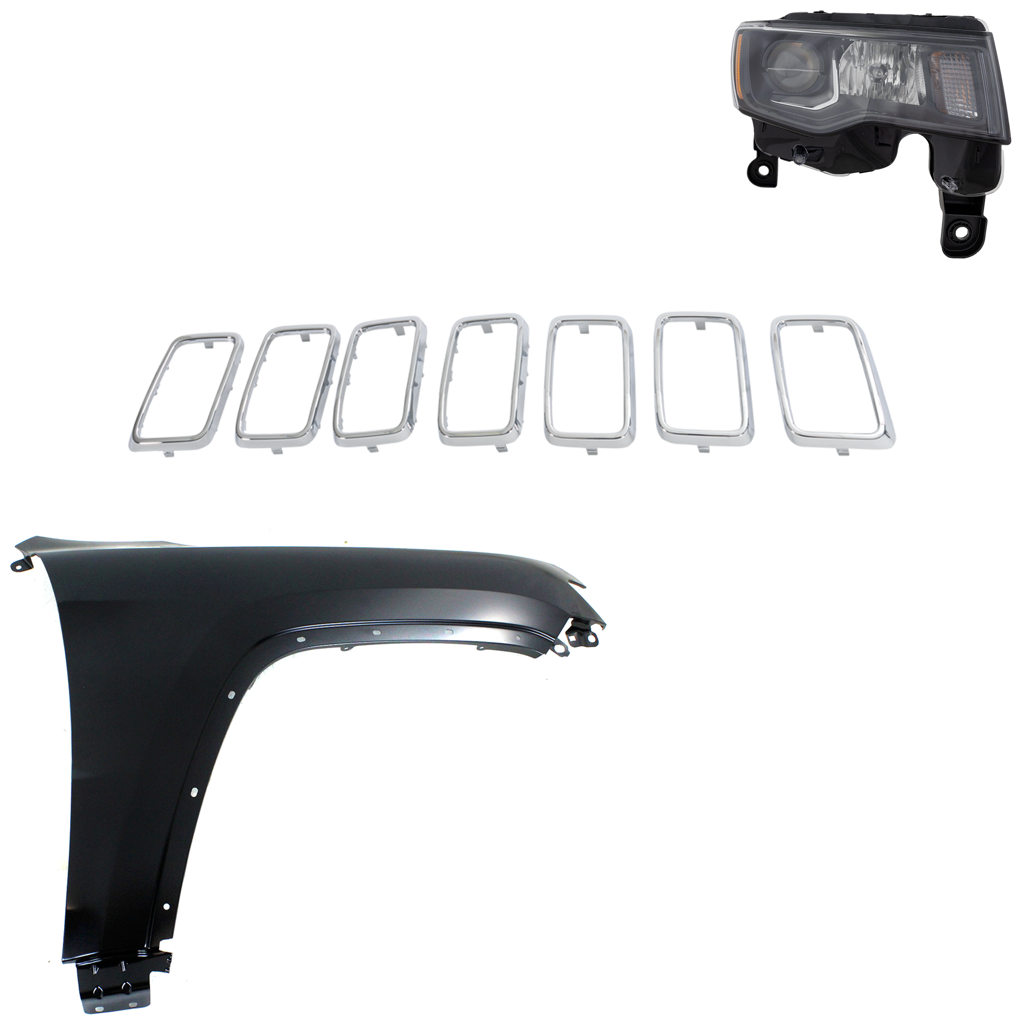 AM GRAND CHEROKEE 17-21 HEAD LAMP RH Assembly Halogen 3 pc Kit with Fender and Grille Assembly CAPA SKU KIT 030823-13301 Partslink CH1210125C CH1241272C CH2503309C OEM 55369596AF 68266646AE 6ML09SZ0