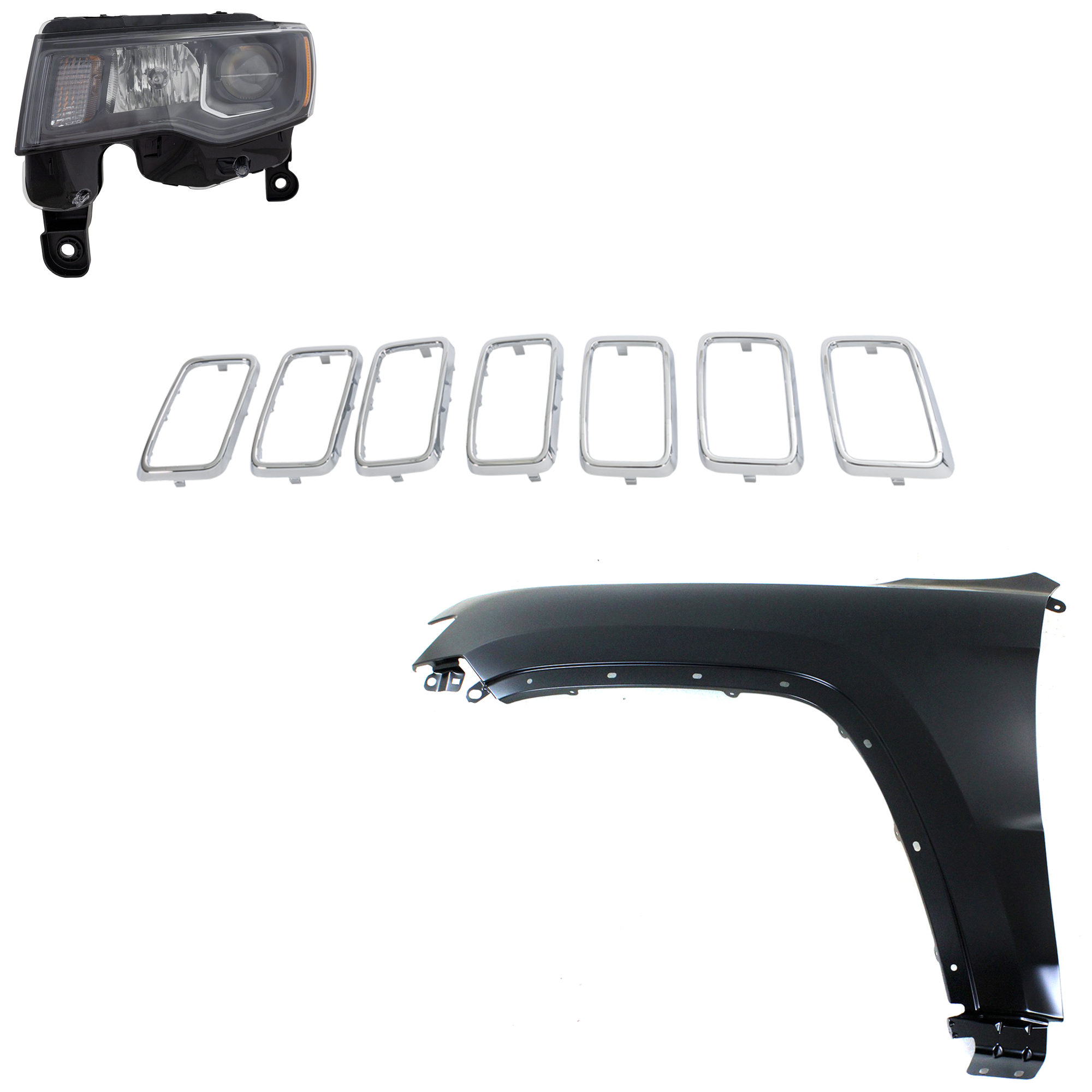 AM GRAND CHEROKEE 17-21 HEAD LAMP LH Assembly Halogen 3 pc Kit with Fender and Grille Assembly CAPA SKU KIT 030823-13302 Partslink CH1210125C CH1240272C CH2502309C OEM 55369597AF 68266647AE 6ML09SZ0