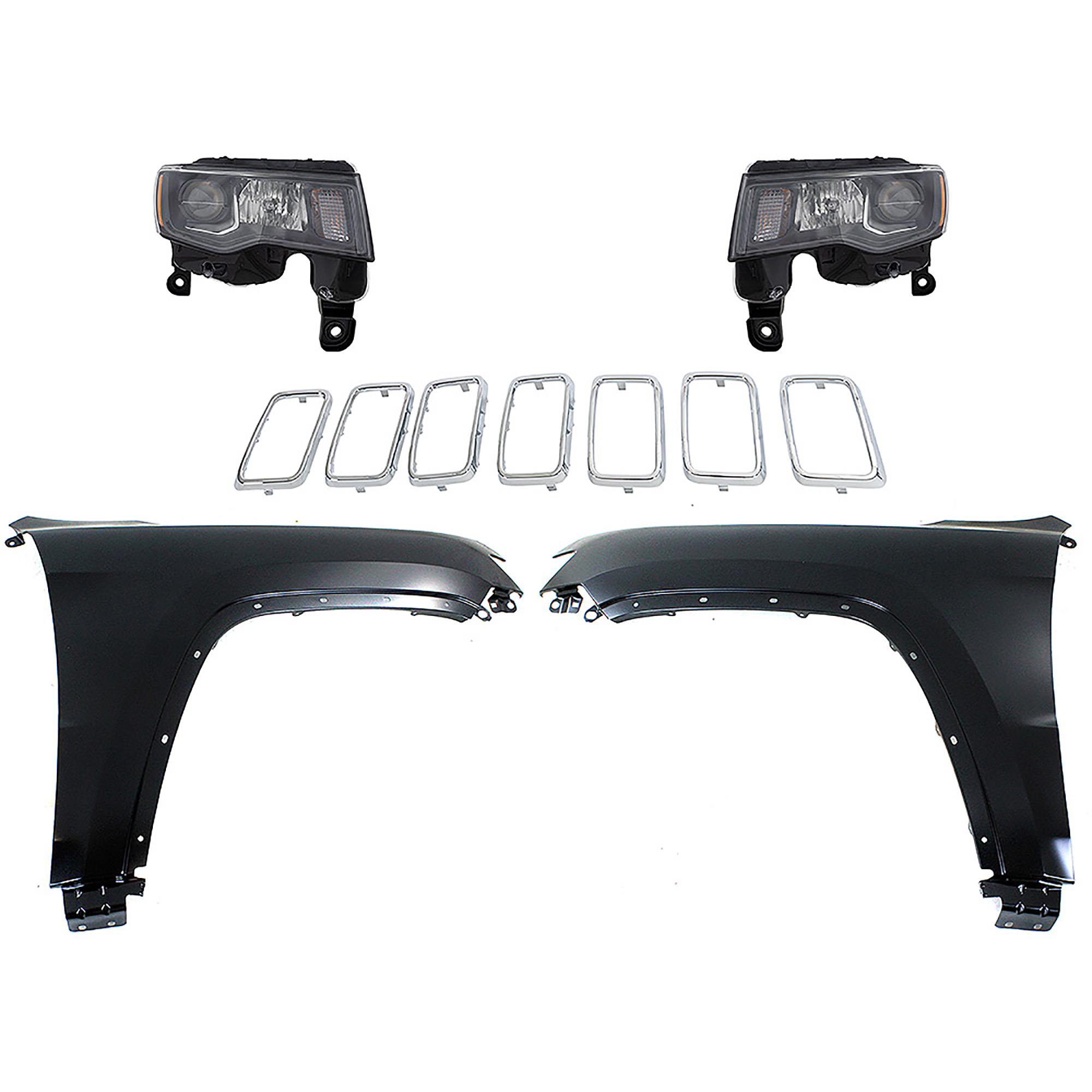 AM GRAND CHEROKEE 17-21 HEAD LAMP RH AND LH Assembly Halogen 5 pc Kit with Fenders and Grille Assembly CAPA SKU KIT 030823-133 Partslink CH1210125C CH1240272C CH1241272C CH2502309C CH2503309C OEM 55369596AF 55369597AF 68266646