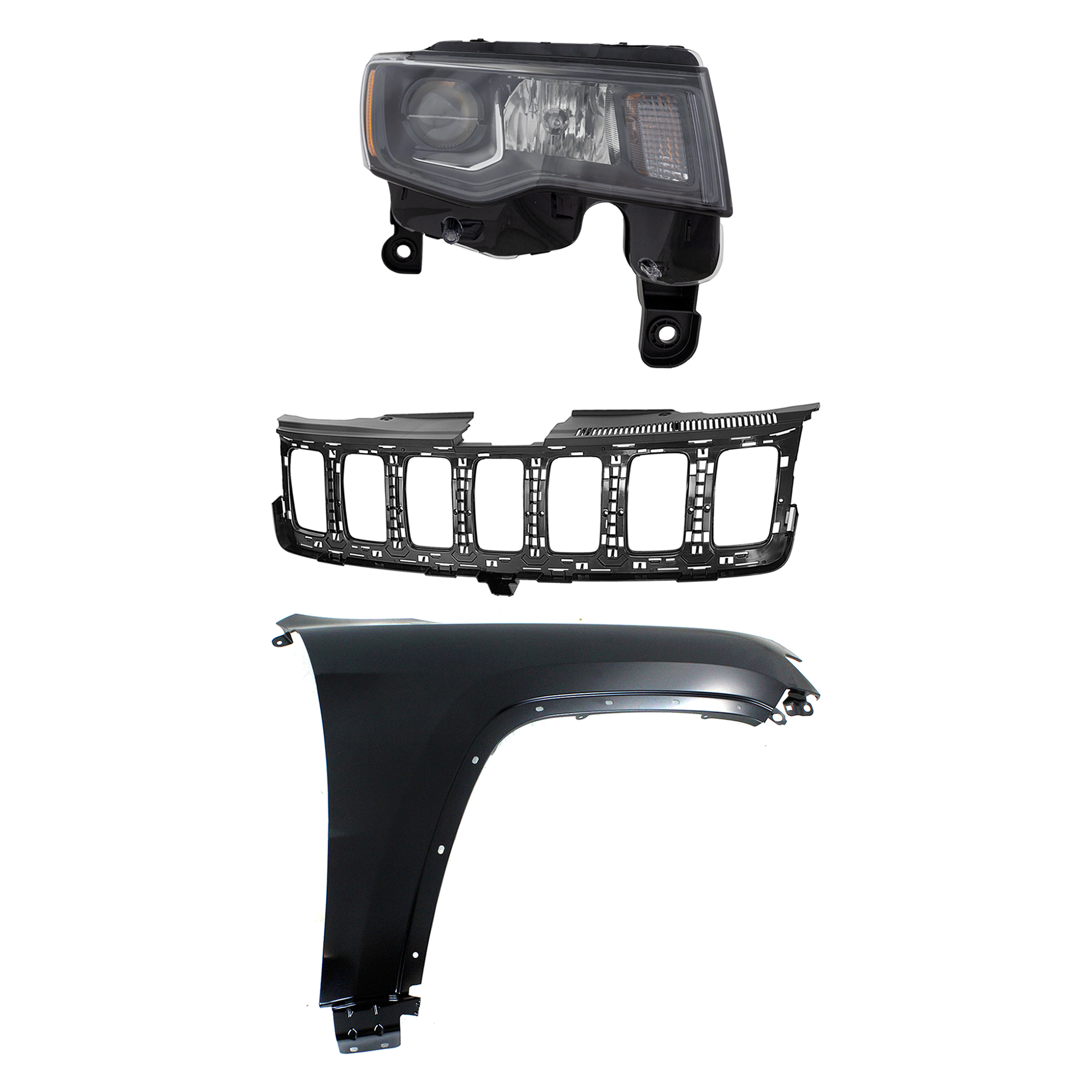 AM GRAND CHEROKEE 17-21 HEAD LAMP RH Assembly Halogen 3 pc Kit with Fender and Grille Assembly CAPA SKU KIT 030823-13401 Partslink CH1200401 CH1241272C CH2503309C OEM 55369596AF 68258419AC 68266646