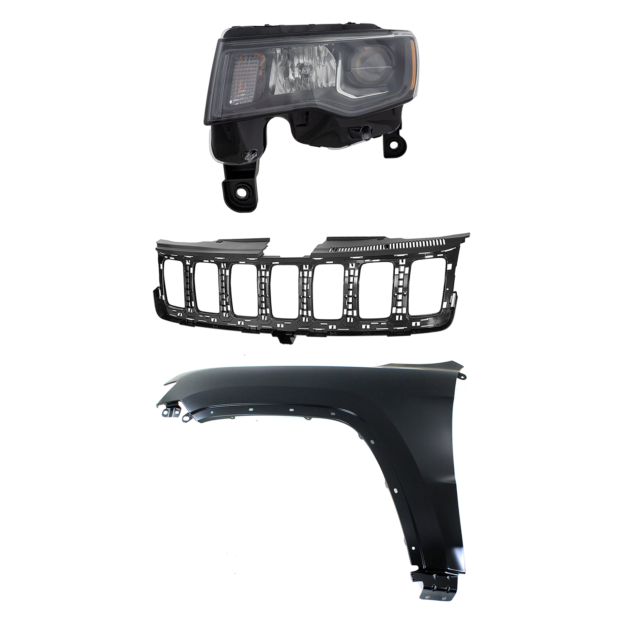 AM GRAND CHEROKEE 17-21 HEAD LAMP LH Assembly Halogen 3 pc Kit with Fender and Grille Assembly CAPA SKU KIT 030823-13402 Partslink CH1200401 CH1240272C CH2502309C OEM 55369597AF 68258419AC 68266647