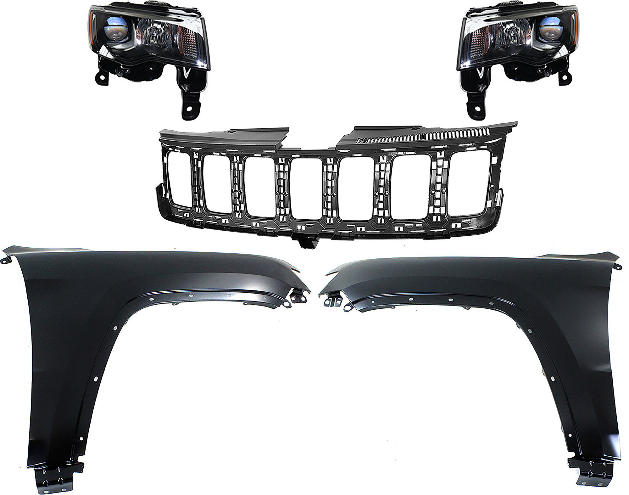 AM GRAND CHEROKEE 17-21 HEAD LAMP RH AND LH Assembly Halogen 5 pc Kit with Fenders and Grille Assembly CAPA SKU KIT 030823-134 Partslink CH1200401 CH1240272C CH1241272C CH2502309C CH2503309C OEM 55369596AF 55369597AF 68258419