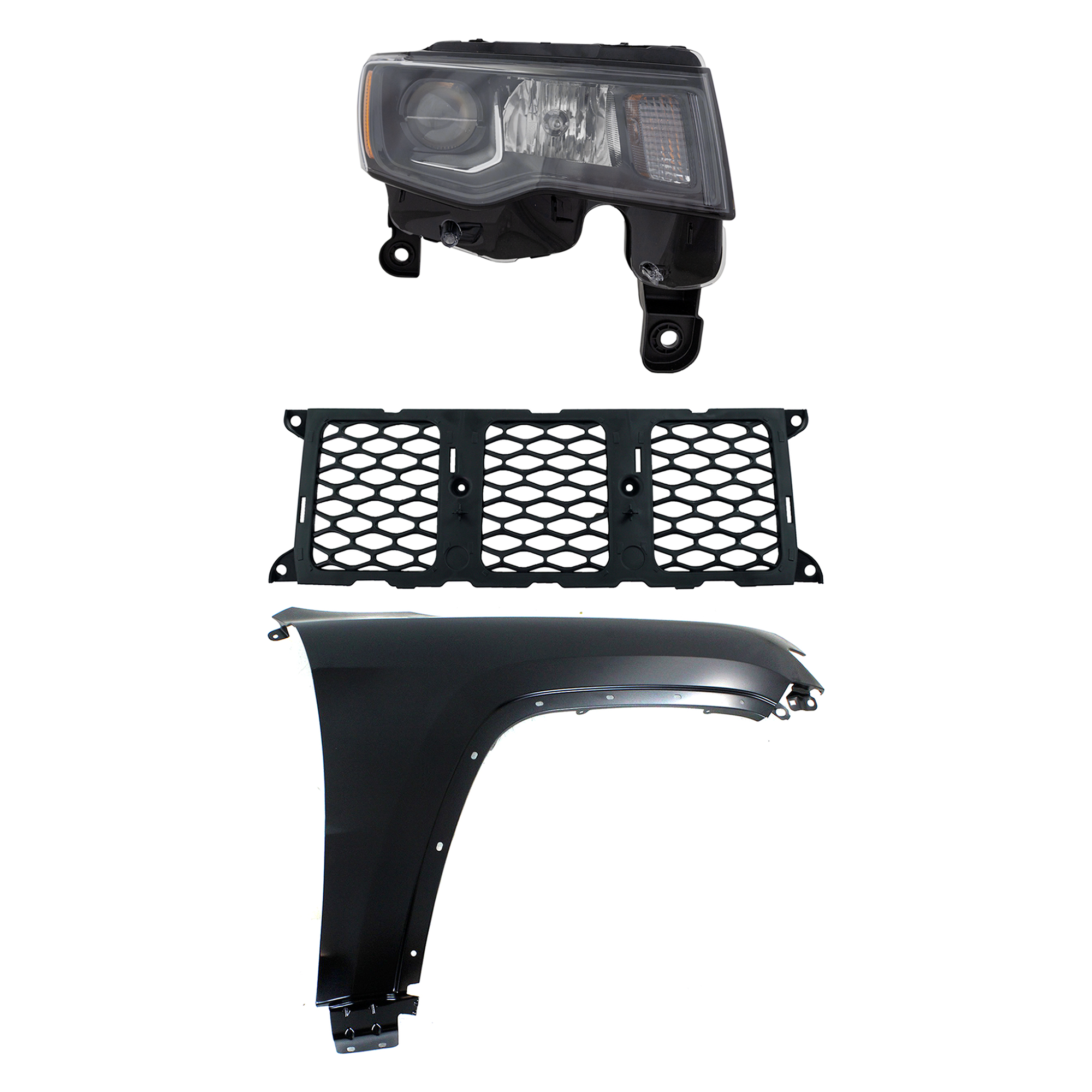 AM GRAND CHEROKEE 17-21 HEAD LAMP RH Assembly Halogen 3 pc Kit with Fender and Grille Assembly CAPA SKU KIT 030823-13501 Partslink CH1210123 CH1241272C CH2503309C OEM 55369596AF 68264286AB 68266646