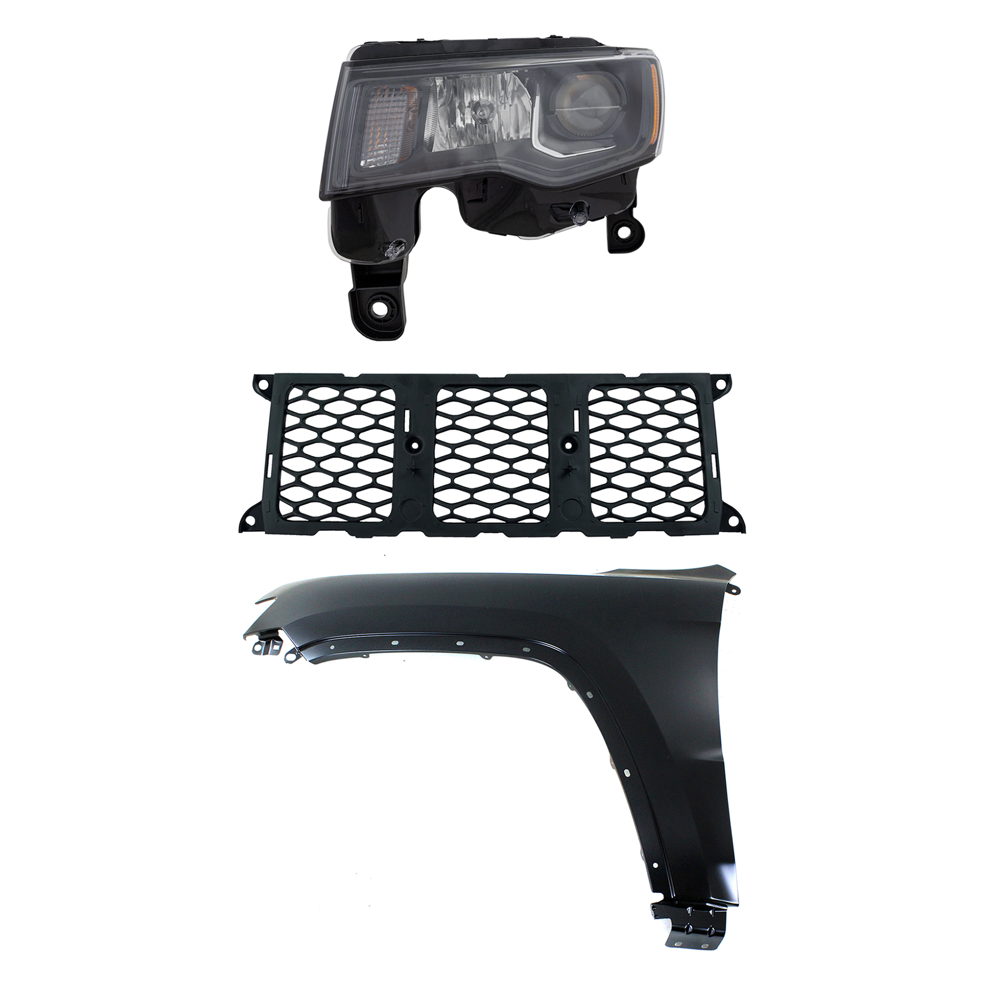 AM GRAND CHEROKEE 17-21 HEAD LAMP LH Assembly Halogen 3 pc Kit with Fender and Grille Assembly CAPA SKU KIT 030823-13502 Partslink CH1210123 CH1240272C CH2502309C OEM 55369597AF 68264286AB 68266647