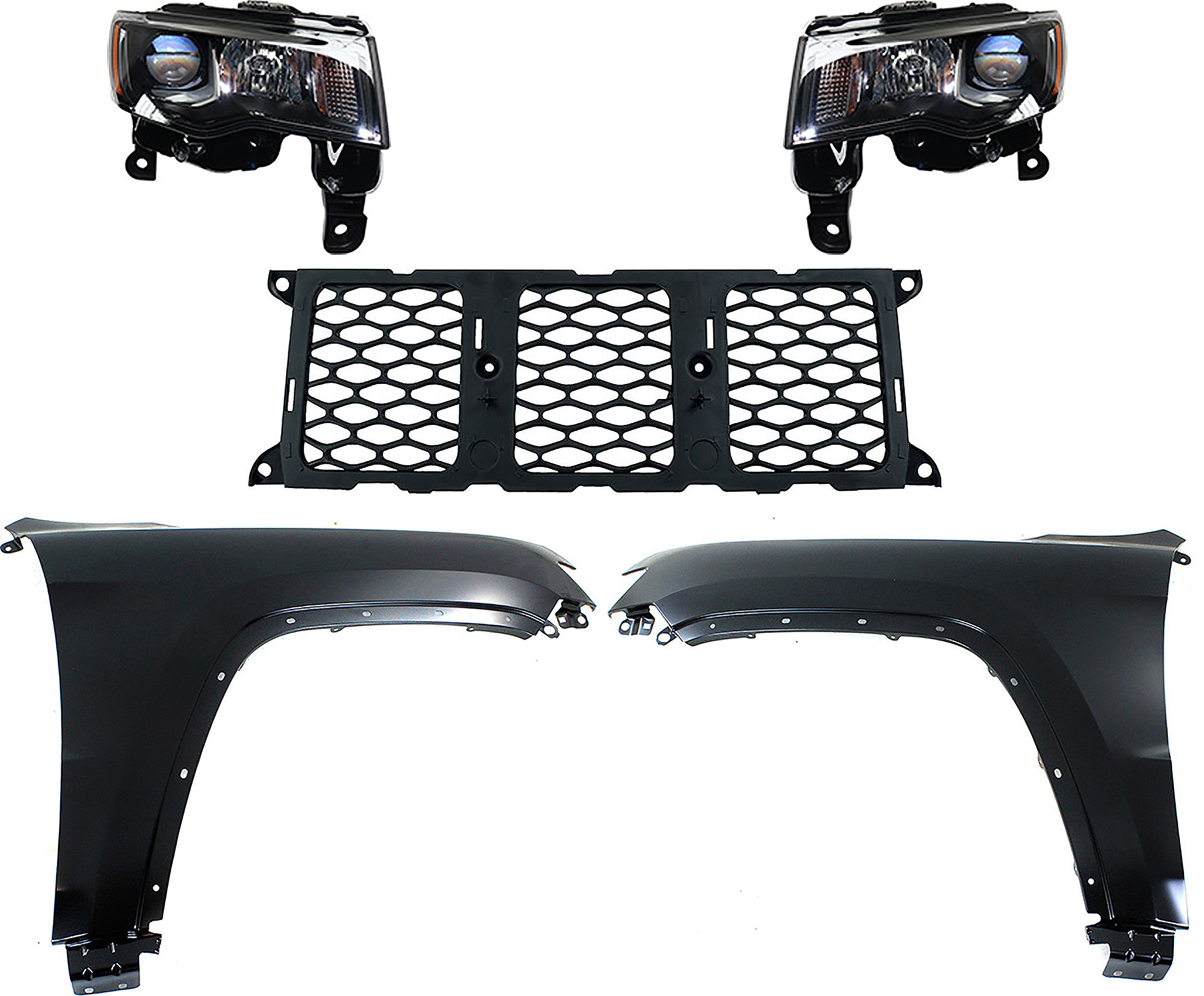 AM GRAND CHEROKEE 17-21 HEAD LAMP RH AND LH Assembly Halogen 5 pc Kit with Fenders and Grille Assembly CAPA SKU KIT 030823-135 Partslink CH1210123 CH1240272C CH1241272C CH2502309C CH2503309C OEM 55369596AF 55369597AF 68264286