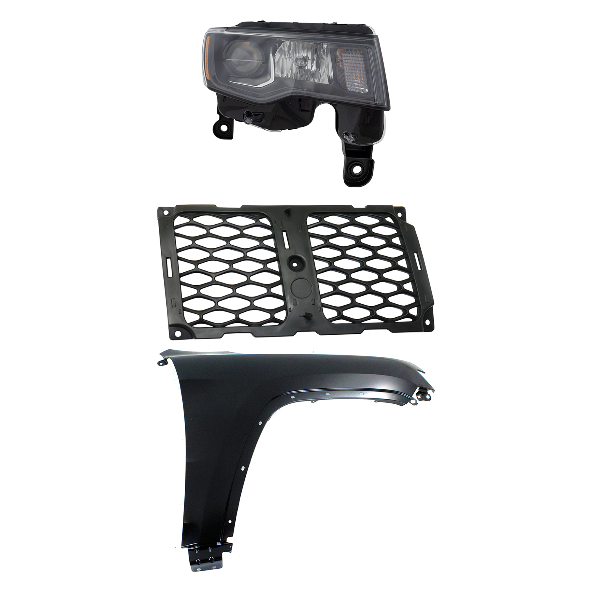 AM GRAND CHEROKEE 17-21 HEAD LAMP RH Assembly Halogen 3 pc Kit with Fender and Grille Assembly CAPA SKU KIT 030823-13701 Partslink CH1213105 CH1241272C CH2503309C OEM 55369596AF 68264285AA 68266646