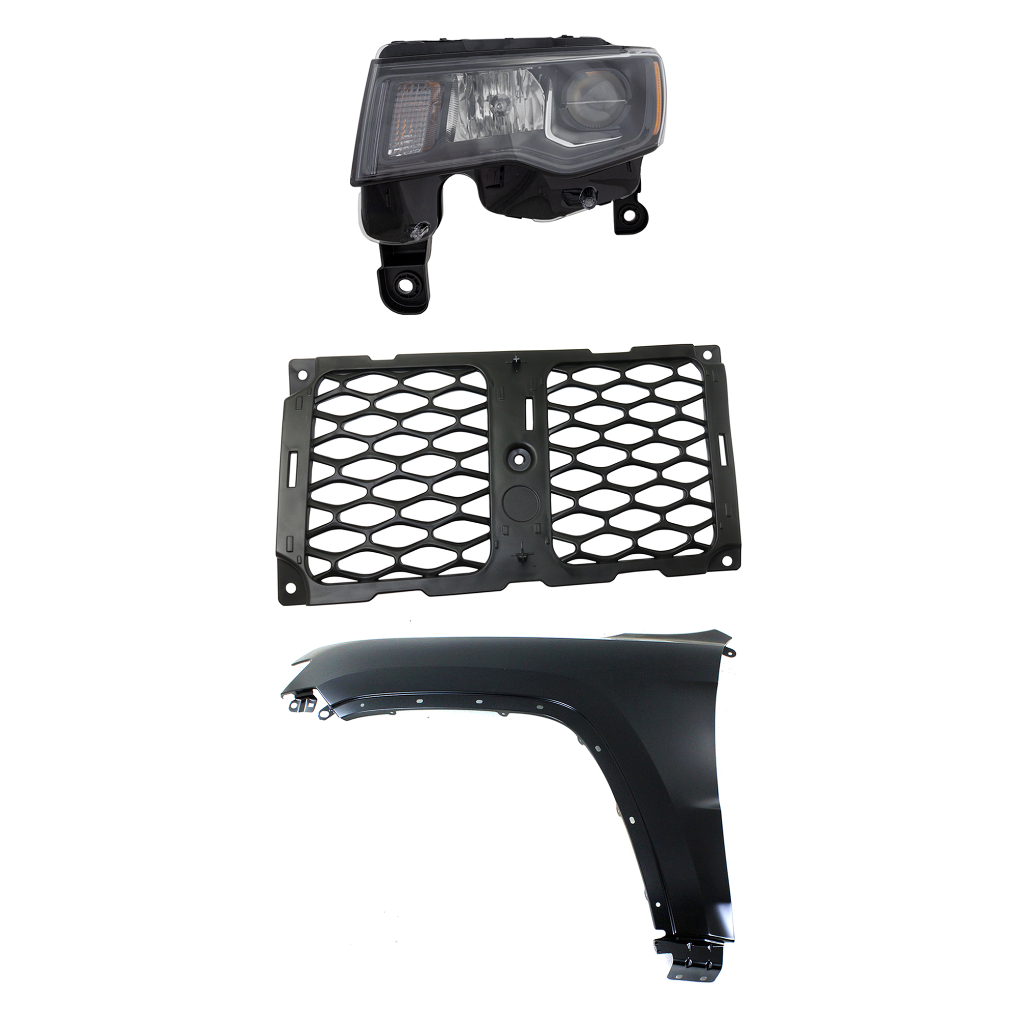 AM GRAND CHEROKEE 17-21 HEAD LAMP LH Assembly Halogen 3 pc Kit with Fender and Grille Assembly CAPA SKU KIT 030823-13702 Partslink CH1212105 CH1240272C CH2502309C OEM 55369597AF 68264287AA 68266647