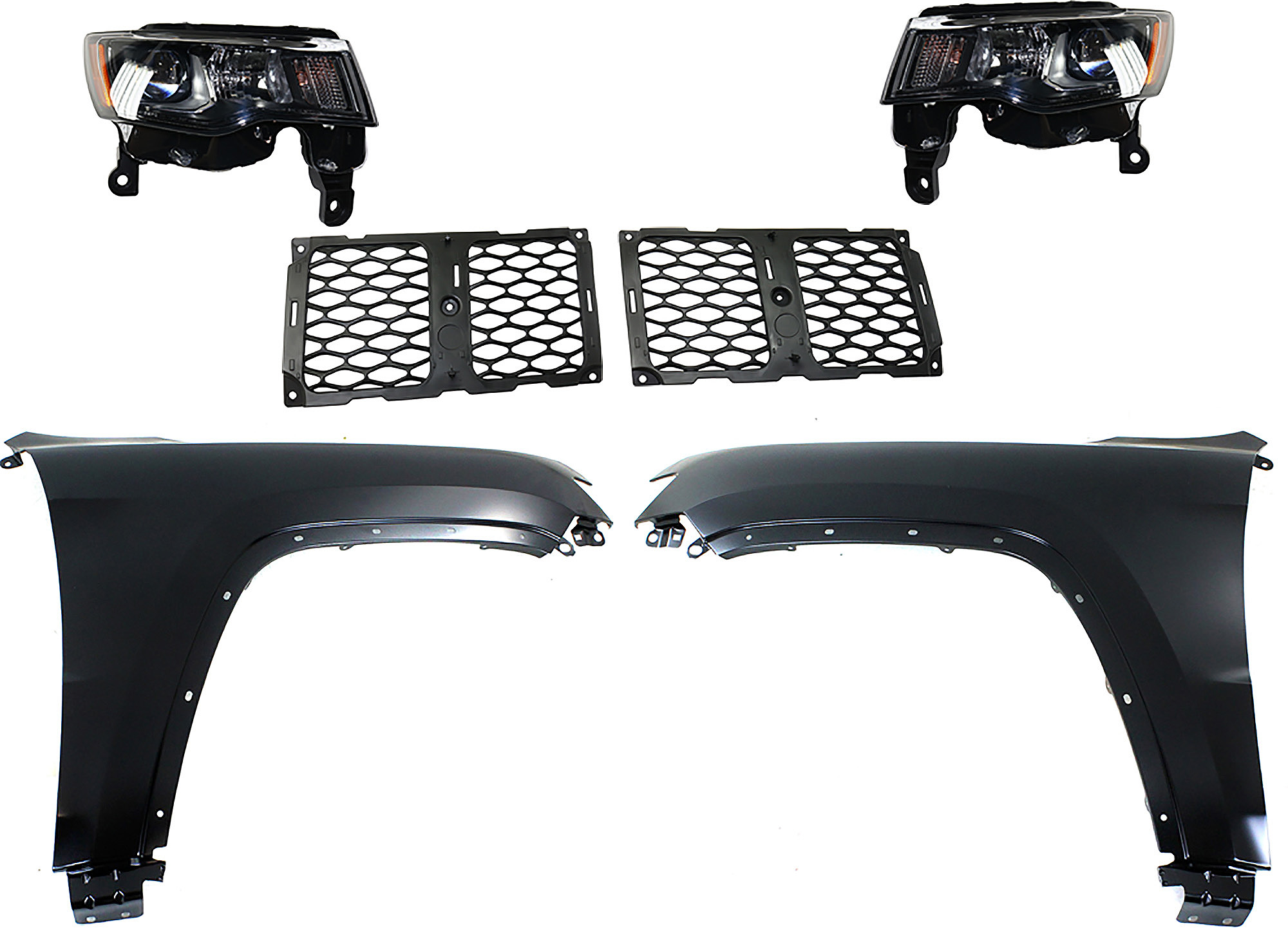 AM GRAND CHEROKEE 17-21 HEAD LAMP RH AND LH Assembly Halogen 6 pc Kit with Fenders and Grille Assembly CAPA SKU KIT 030823-137 Partslink CH1212105 CH1213105 CH1240272C CH1241272C CH2502309C CH2503309C OEM 55369596AF 55369597AF 68264285
