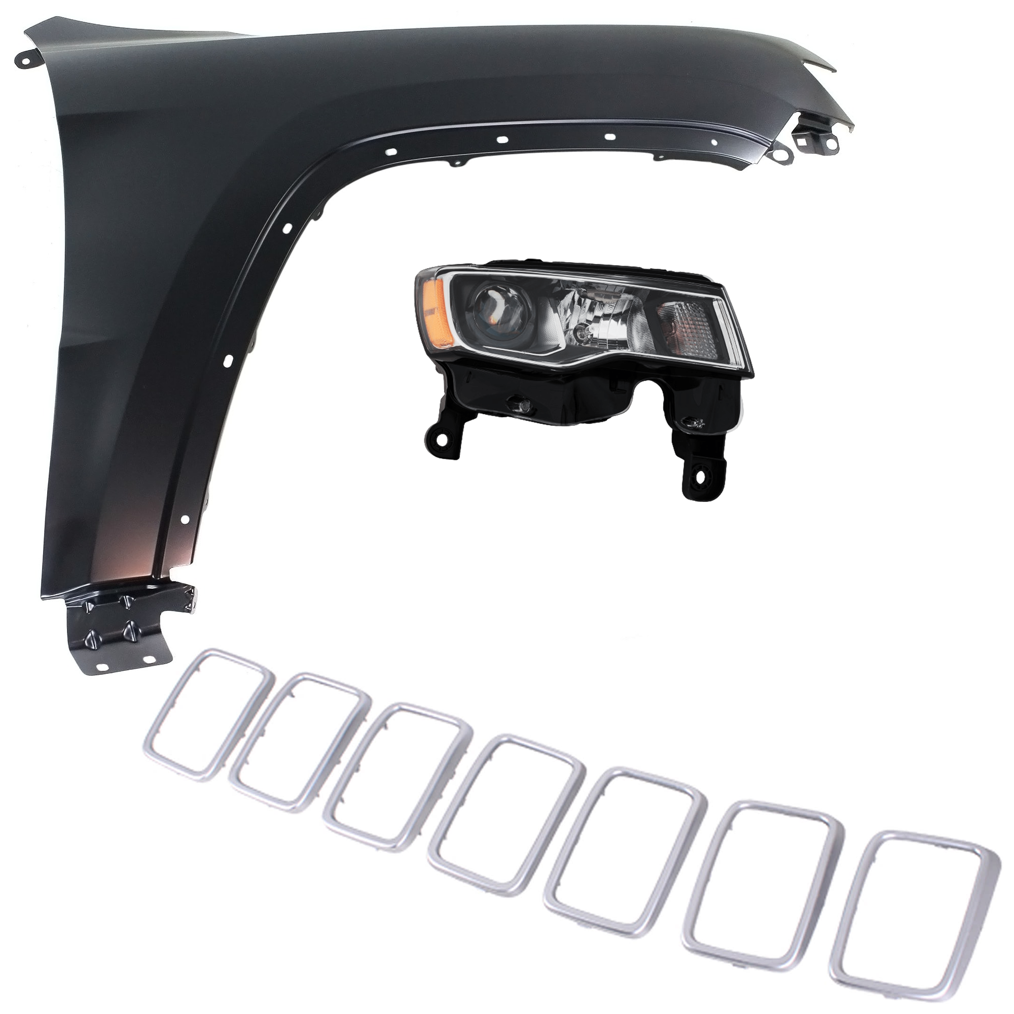 AM GRAND CHEROKEE 19-21 HEAD LAMP RH Assembly Halogen 3 pc Kit with Fender and Grille Assembly SKU KIT 030823-13801 Partslink CH2503297 CH1241272 CH1210132 OEM 68289234AE 55369596AF 6ML10SZ7