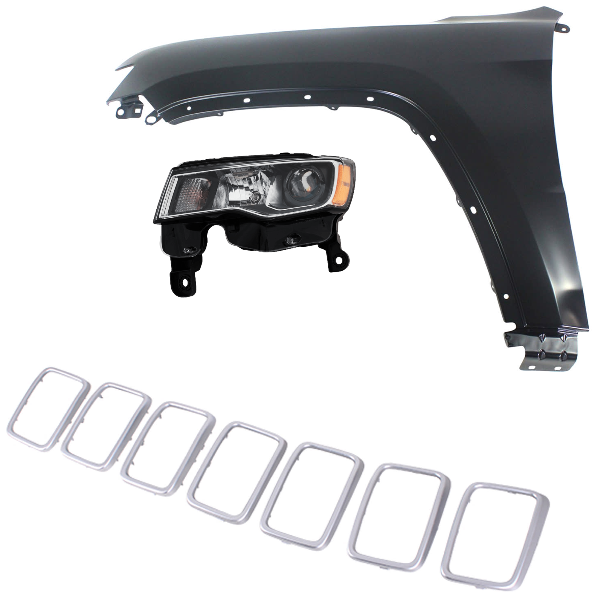 AM GRAND CHEROKEE 19-21 HEAD LAMP LH Assembly Halogen 3 pc Kit with Fender and Grille Assembly SKU KIT 030823-13802 Partslink CH2502297 CH1240272 CH1210132 OEM 68289235AE 55369597AF 6ML10SZ7
