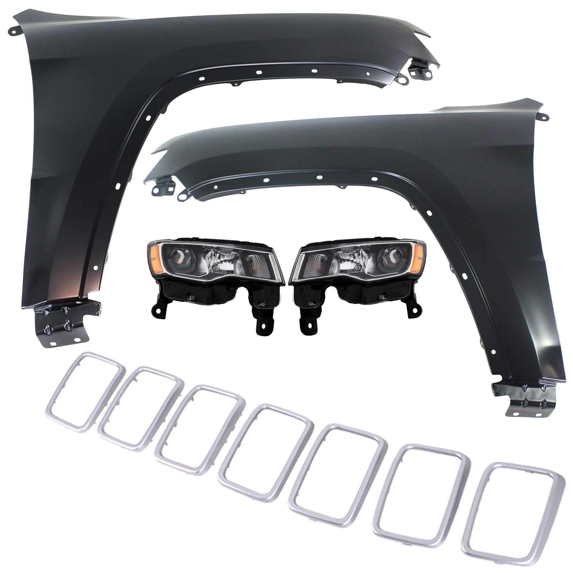 AM GRAND CHEROKEE 19-21 HEAD LAMP RH AND LH Assembly Halogen 5 pc Kit with Fenders and Grille Assembly SKU KIT 030823-138 Partslink CH2502297 CH2503297 CH1240272 CH1241272 CH1210132 OEM 68289234AE 68289235AE 55369597