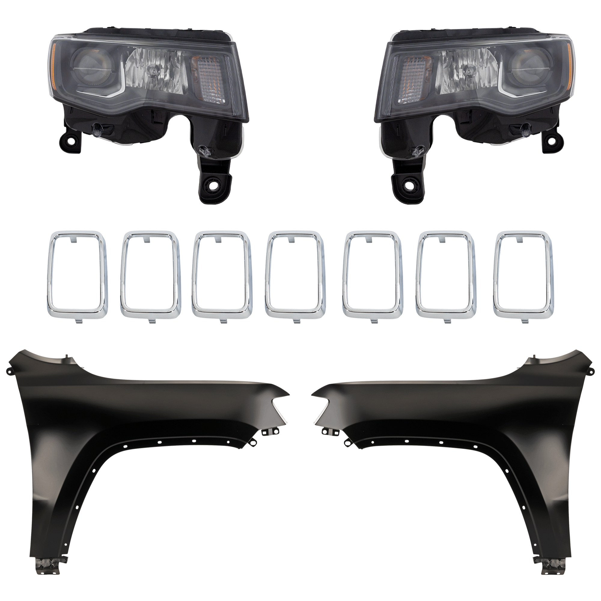 AM GRAND CHEROKEE 19-21 HEAD LAMP RH AND LH Assembly Halogen 5 pc Kit with Fenders and Grille Assembly SKU KIT 030823-139 Partslink CH2502309 CH2503309 CH1240272 CH1241272 CH1210132 OEM 68266646AE 68266647AE 55369597