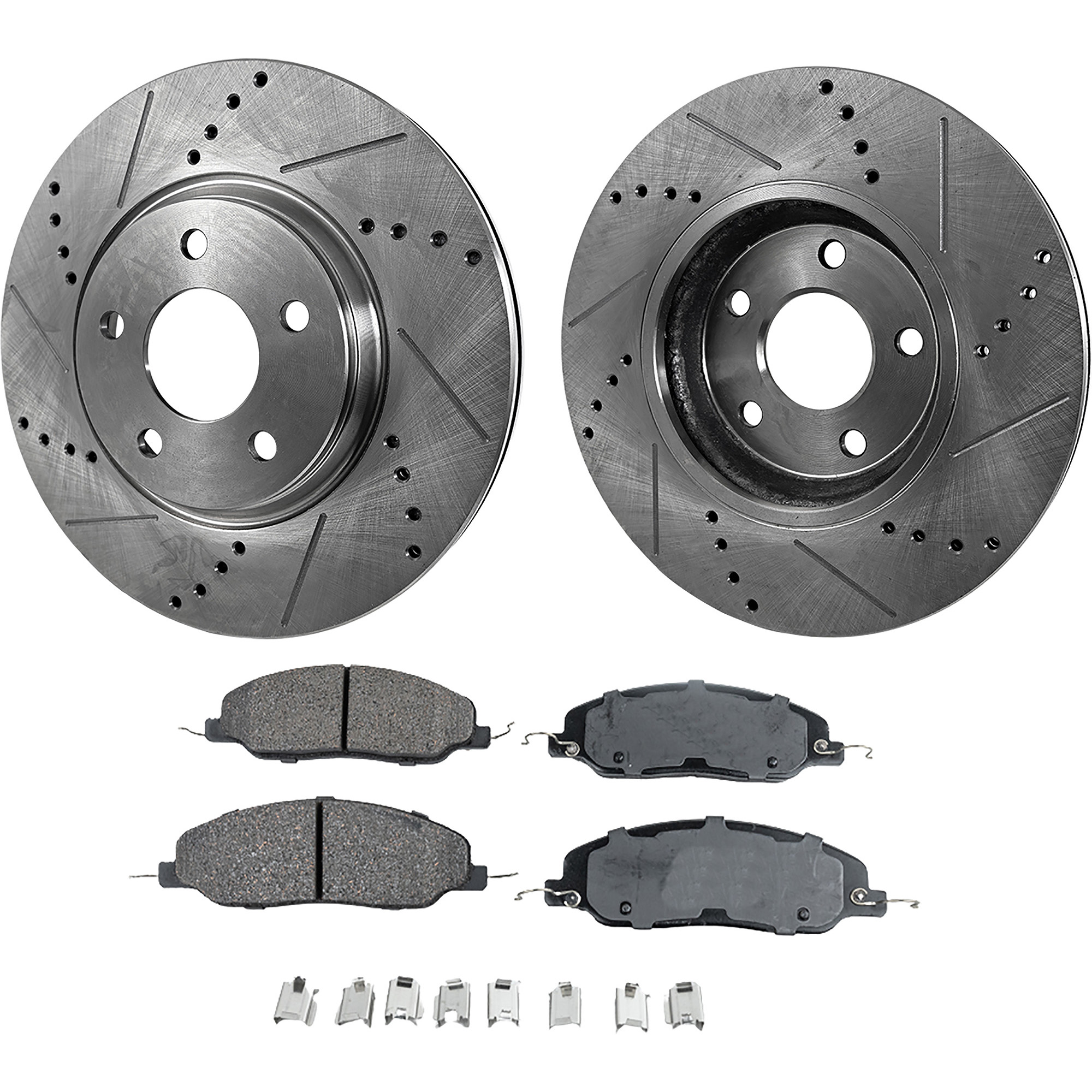 AM MUSTANG 05-10 FRONT BRAKE DISC AND PAD KIT 4 pc Kit Cross drilled and Slotted Ceramic SKU KIT 030823-13 OEM 42134-54134-680326-900242-6005