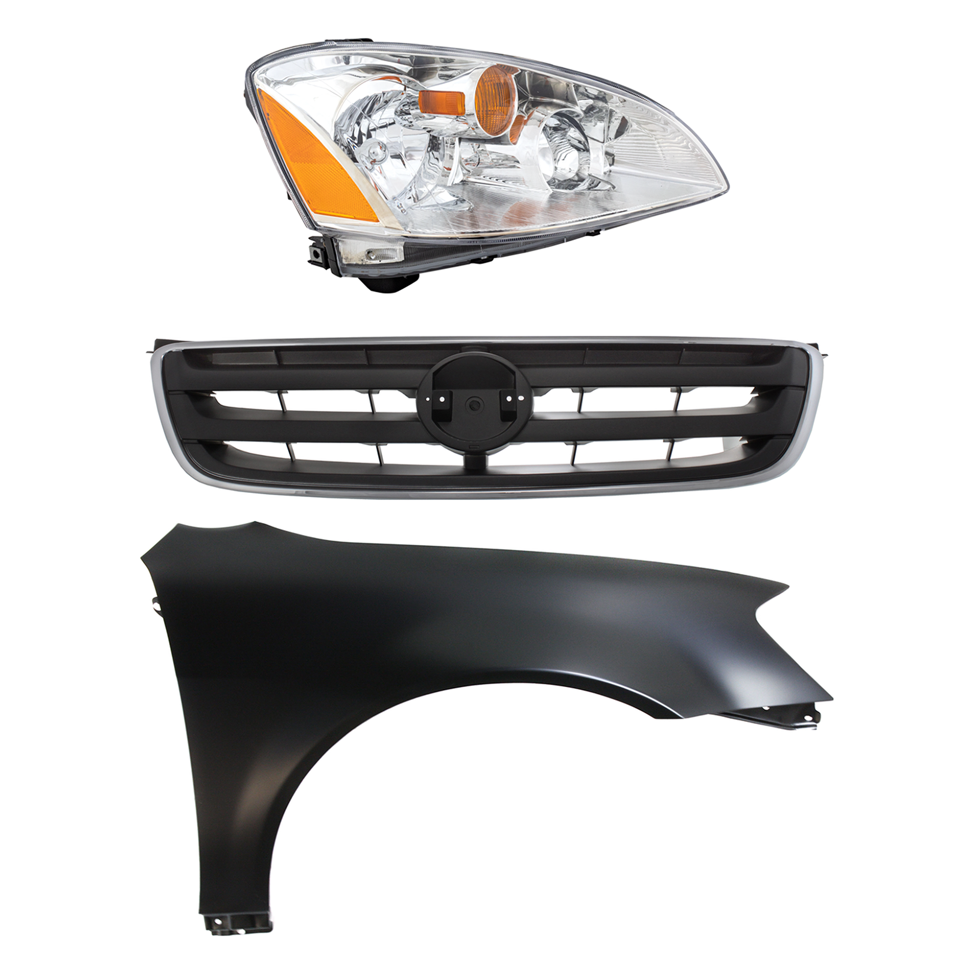 AM ALTIMA 02-04 HEAD LAMP RH Assembly Halogen 3 pc Kit with Fender and Grille SKU KIT 030823-14301 Partslink NI2503142 NI1241171 NI1200197 OEM 260103Z626-631128J030-620708J1