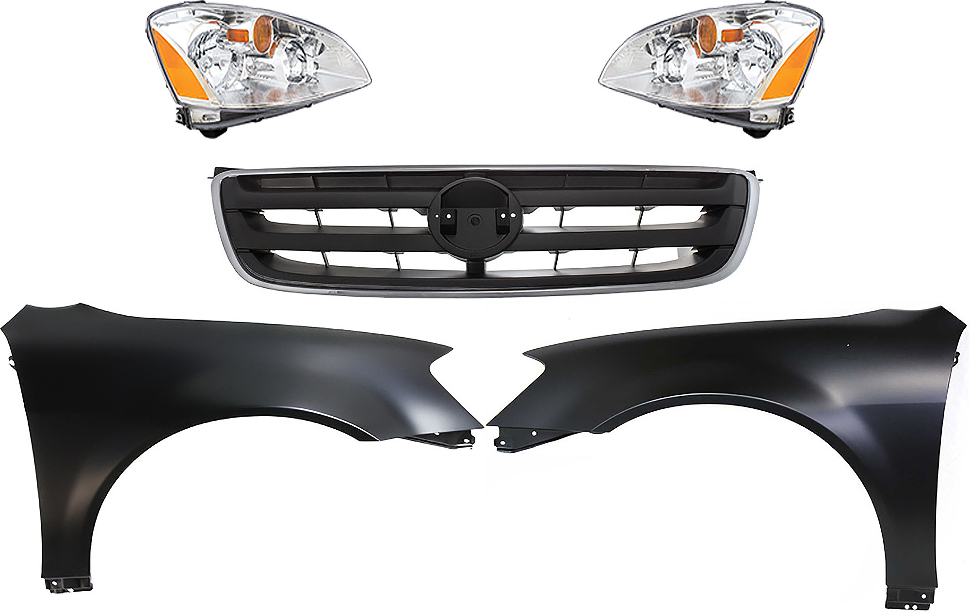 AM ALTIMA 02-04 HEAD LAMP RH AND LH Assembly Halogen 5 pc Kit with Fenders and Grille SKU KIT 030823-143 Partslink NI2502142 NI2503142 NI1241171 NI1240171 NI1200197 OEM 260603Z626-260103Z626-631128J0