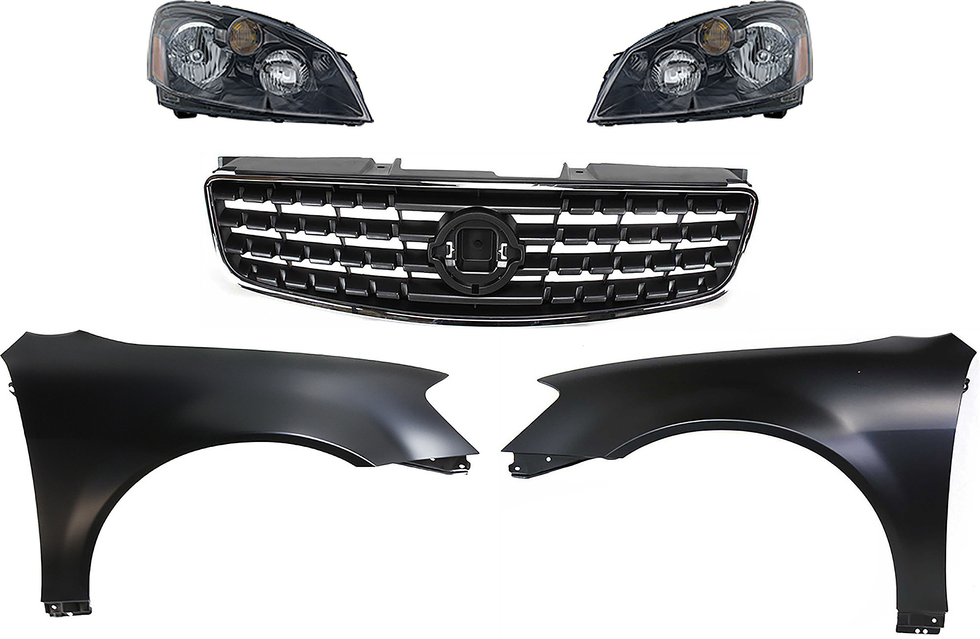 AM ALTIMA 05-06 HEAD LAMP RH AND LH Assembly Halogen 5 pc Kit with Fenders and Grille Assembly SKU KIT 030823-147 Partslink NI2503156 NI2502156 NI1241171 NI1240171 NI1200213 OEM 26010ZB525-26060ZB525-631128J0