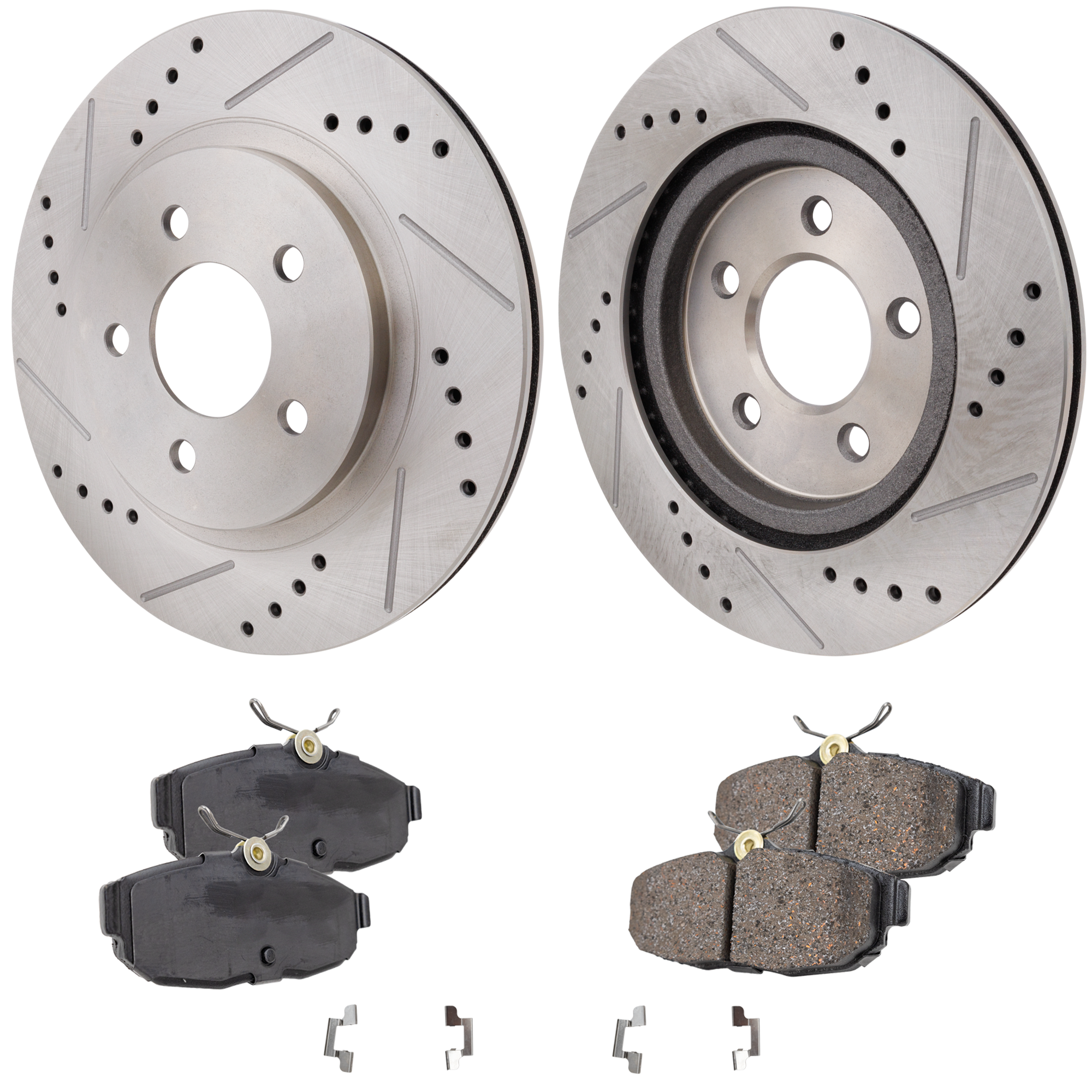 AM MUSTANG 05-11 REAR BRAKE DISC AND PAD KIT 4 pc Kit Cross drilled and Slotted Ceramic SKU KIT 030823-14 OEM 42136-54131-900243-60054058-42