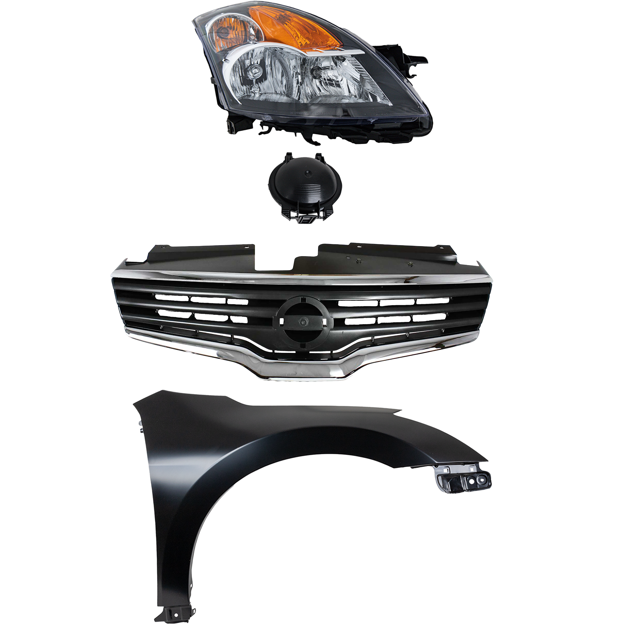 AM ALTIMA 07-09 HEAD LAMP RH Assembly Halogen 3 pc Kit with Fender and Grille Assembly SKU KIT 030823-15701 Partslink NI2503187 NI1241186 NI1200221 OEM 26010JA00B 63100ZN55A 62070ZN5