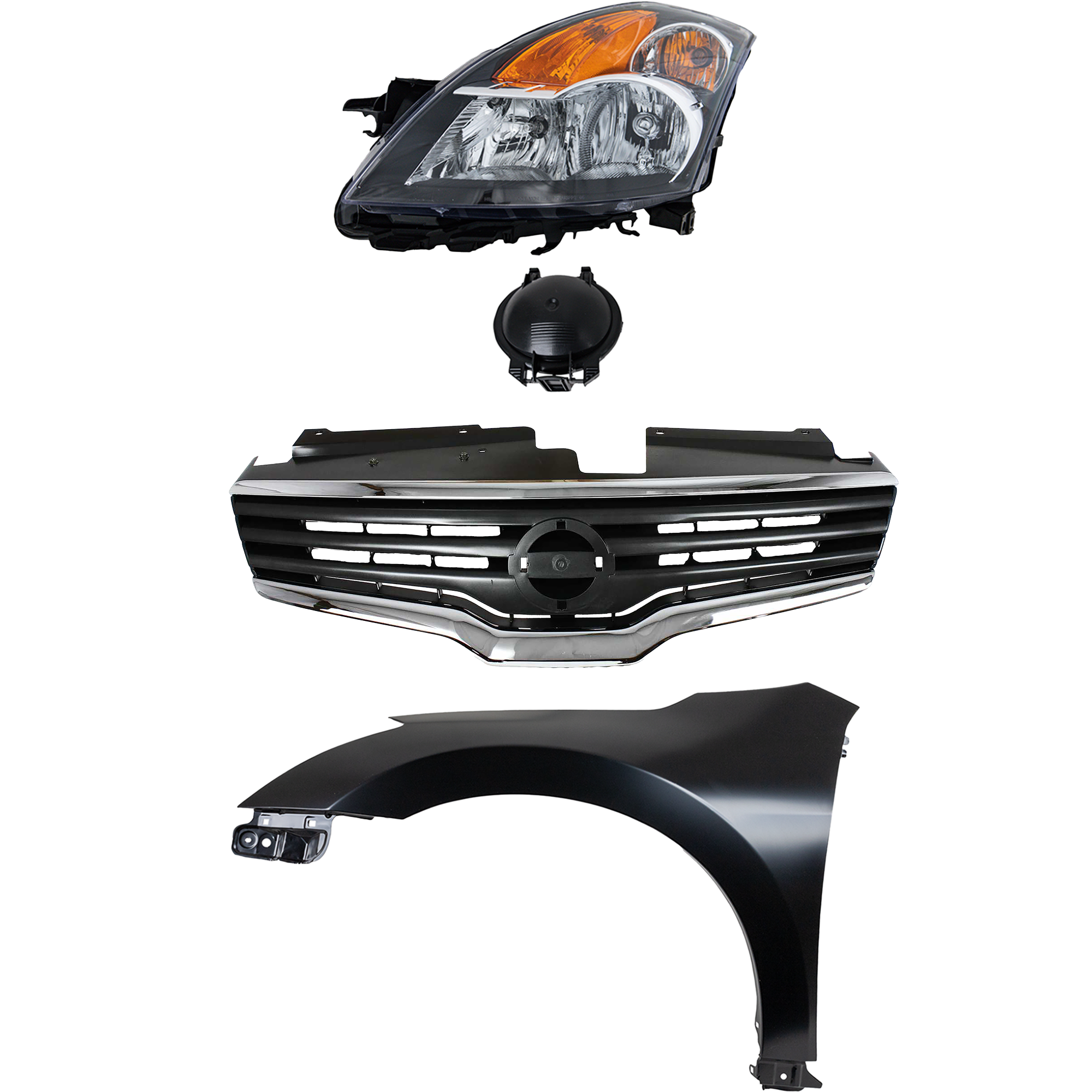 AM ALTIMA 07-09 HEAD LAMP LH Assembly Halogen 3 pc Kit with Fender and Grille Assembly SKU KIT 030823-15702 Partslink NI2502187 NI1240186 NI1200221 OEM 26060JA00B 63101ZN55A 62070ZN5