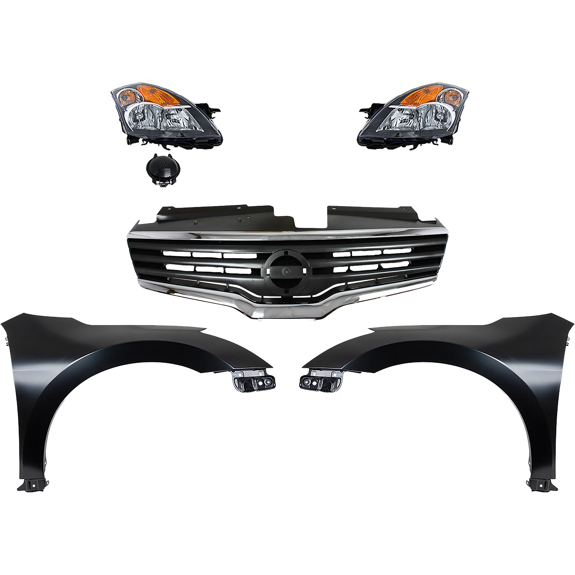 AM ALTIMA 07-09 HEAD LAMP RH AND LH Assembly Halogen 5 pc Kit with Fenders and Grille Assembly SKU KIT 030823-157 Partslink NI2502187 NI2503187 NI1241186 NI1240186 NI1200221 OEM 26010JA00B 26060JA00B 63100ZN5