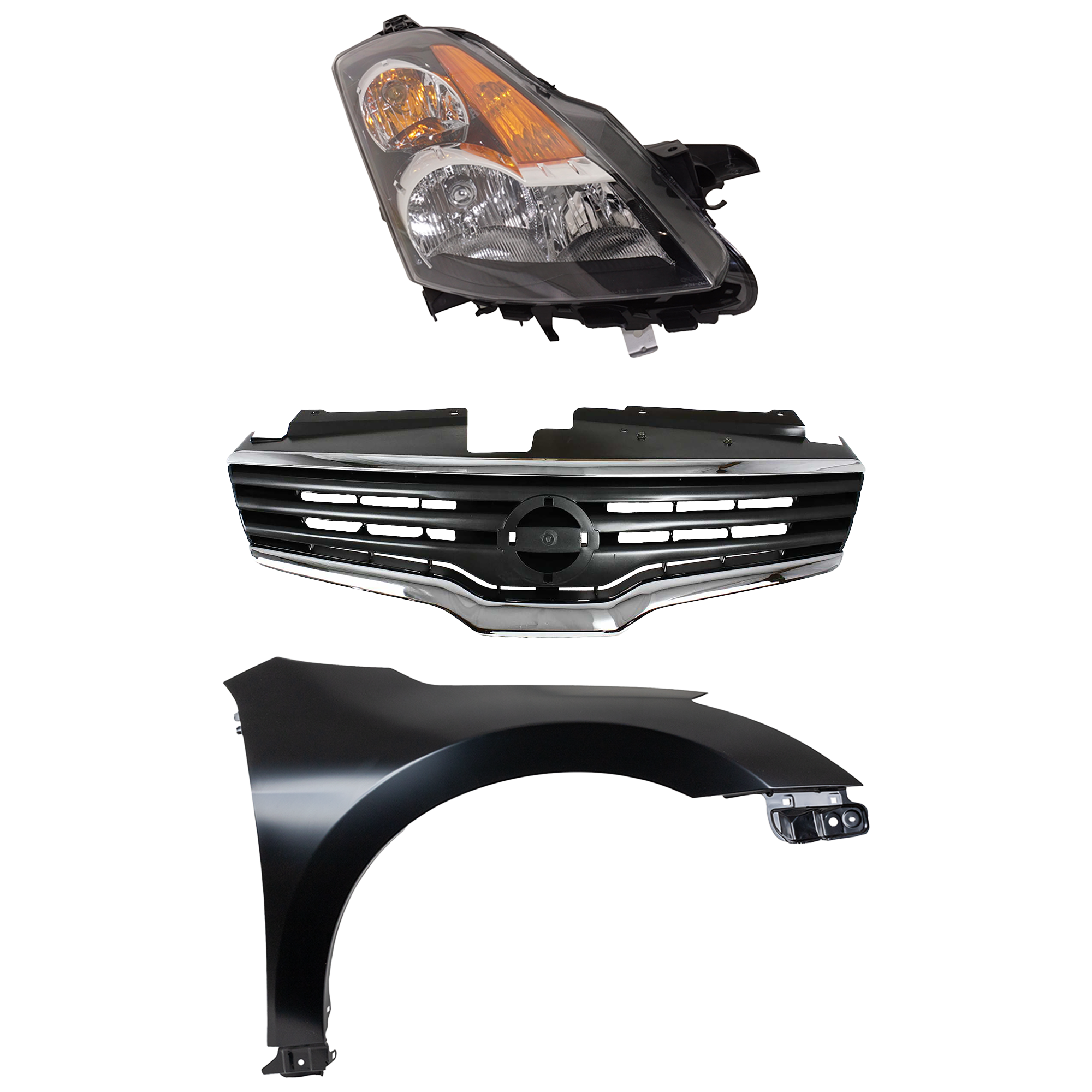 AM ALTIMA 07-07 HEAD LAMP RH Assembly Halogen 3 pc Kit with Fender and Grille Assembly SKU KIT 030823-15801 Partslink NI2503166 NI1241186 NI1200221 OEM 26010JA000-26010JA00A 63100ZN5