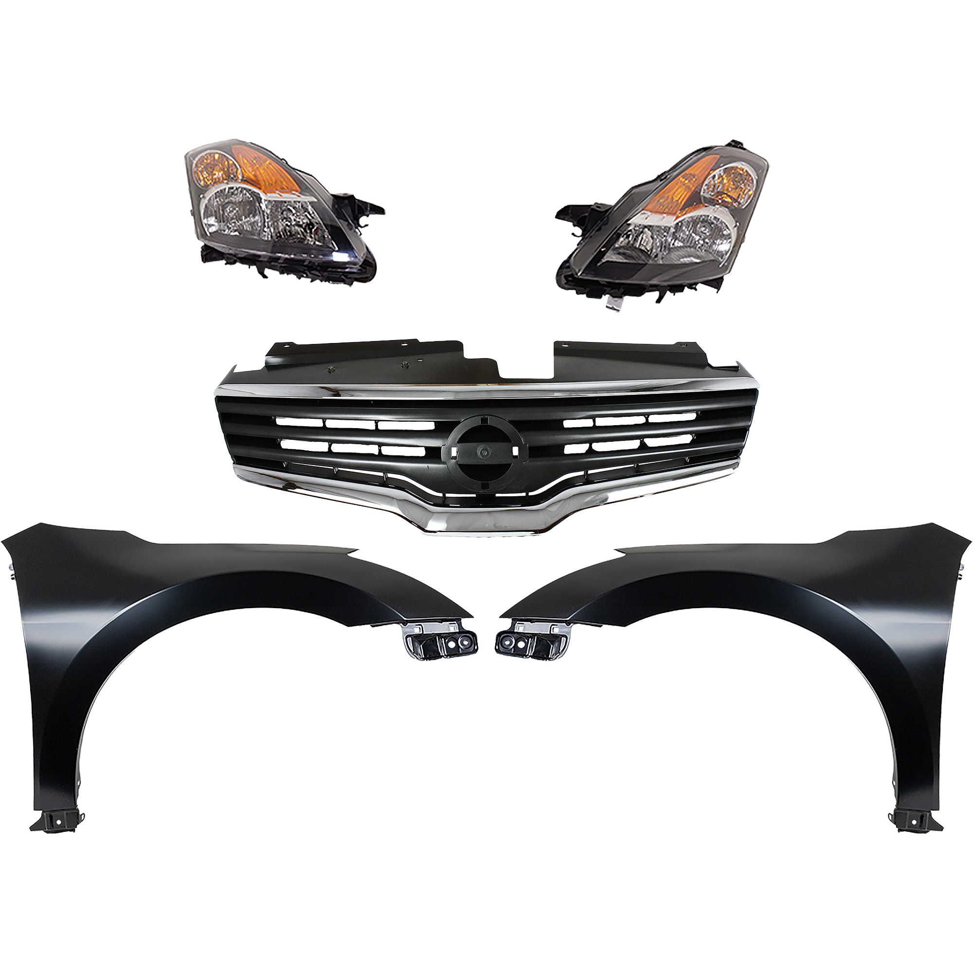AM ALTIMA 07-07 HEAD LAMP RH AND LH Assembly Halogen 5 pc Kit with Fenders and Grille Assembly SKU KIT 030823-158 Partslink NI2502166 NI2503166 NI1241186 NI1240186 NI1200221 OEM 26010JA000-26010JA00A 26060JA0