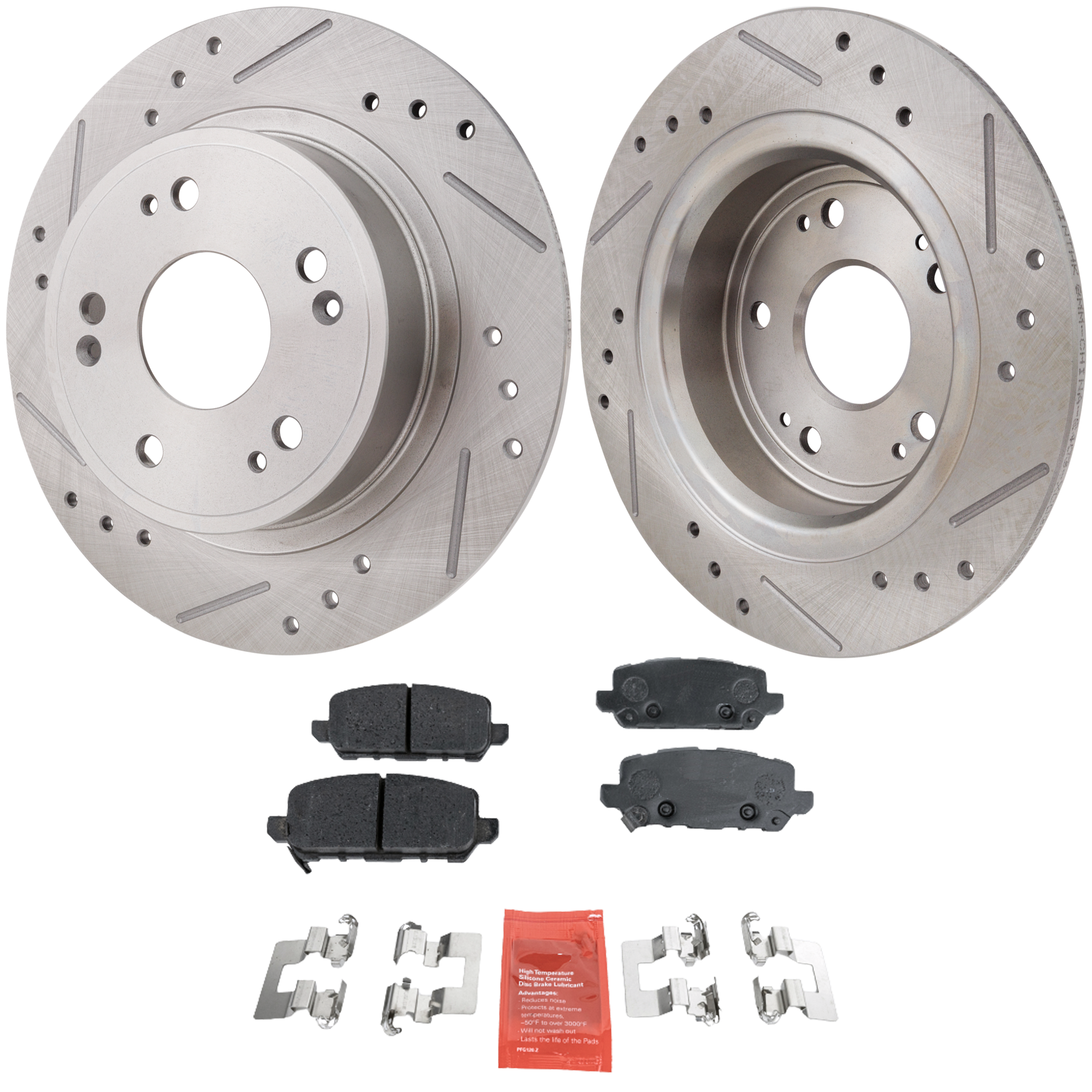 AM HR V 16-21 REAR BRAKE DISC AND PAD KIT 4 pc Kit Cross drilled and Slotted Non Asbestos Organic SKU KIT 030823-15 OEM 31479-44594-44763-0833159-0833