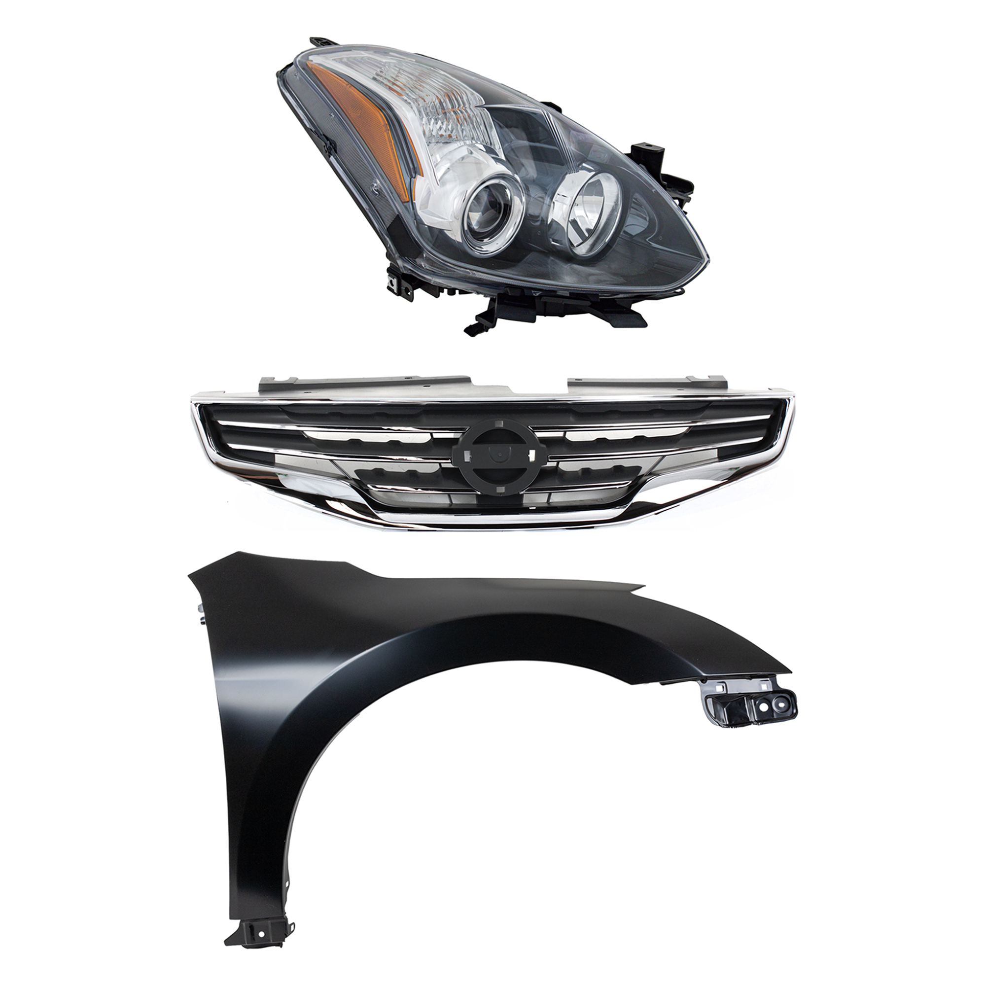 AM ALTIMA 10-12 HEAD LAMP RH Assembly Halogen 3 pc Kit with Fender and Grille Assembly SKU KIT 030823-16201 Partslink NI2503191 NI1241186 NI1200236 OEM 26010ZX10B 63100ZN55A 62070ZX0