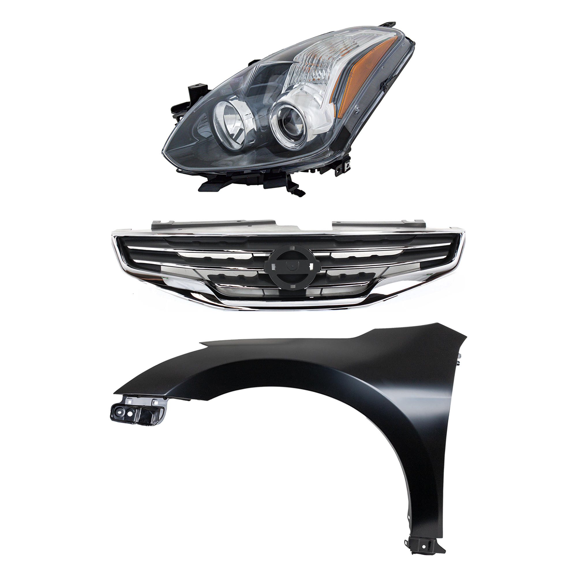 AM ALTIMA 10-12 HEAD LAMP LH Assembly Halogen 3 pc Kit with Fender and Grille Assembly SKU KIT 030823-16202 Partslink NI2502191 NI1240186 NI1200236 OEM 26060ZX10B 63101ZN55A 62070ZX0