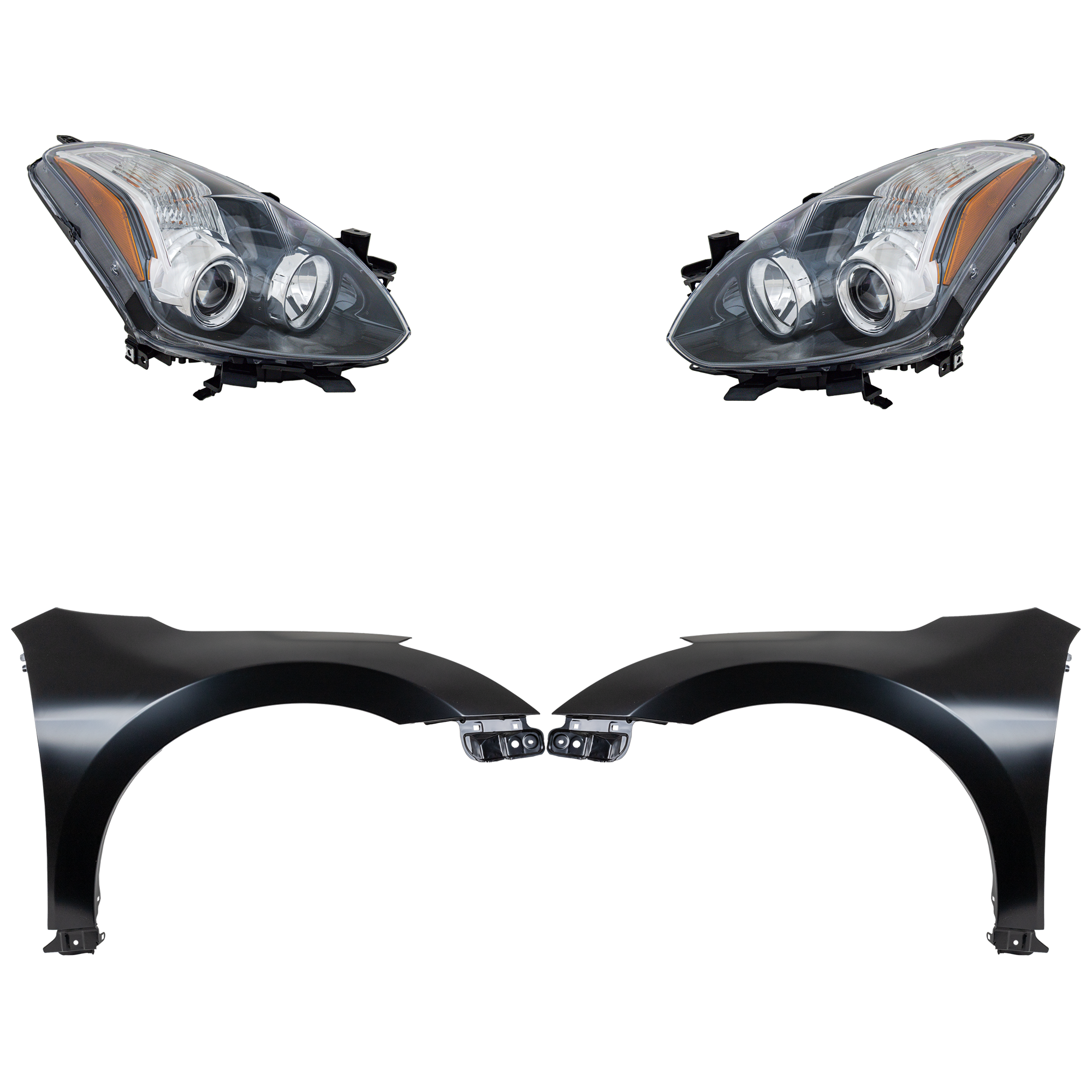 AM ALTIMA 10-12 HEAD LAMP RH AND LH Assembly Halogen 4 pc Kit with Fenders SKU KIT 030823-16203 Partslink NI2502191 NI2503191 NI1240186 NI1241186 OEM 26010ZX10B 26060ZX10B 63101ZN5