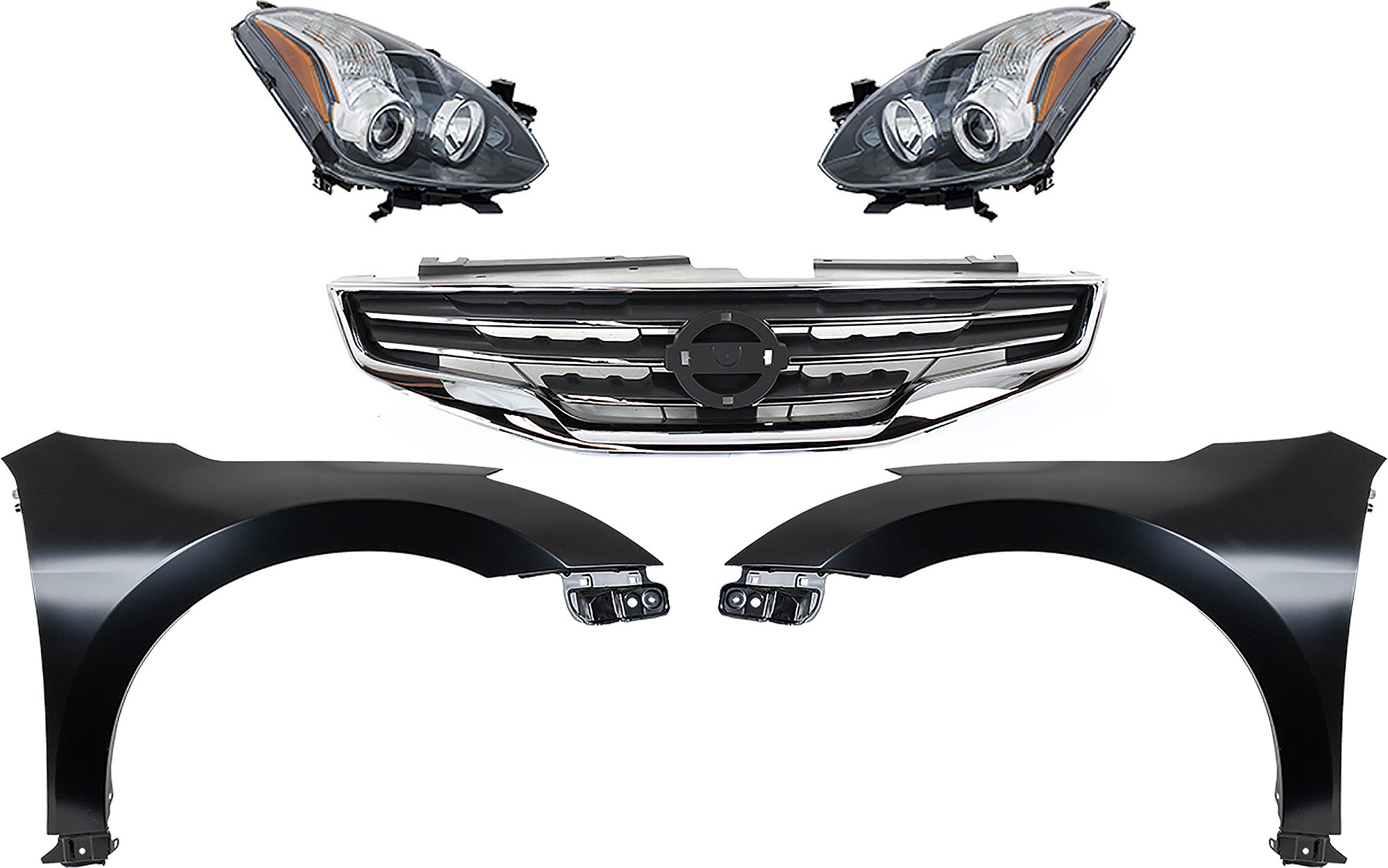 AM ALTIMA 10-12 HEAD LAMP RH AND LH Assembly Halogen 5 pc Kit with Fenders and Grille Assembly SKU KIT 030823-162 Partslink NI2502191 NI2503191 NI1241186 NI1240186 NI1200236 OEM 26010ZX10B 26060ZX10B 63100ZN5