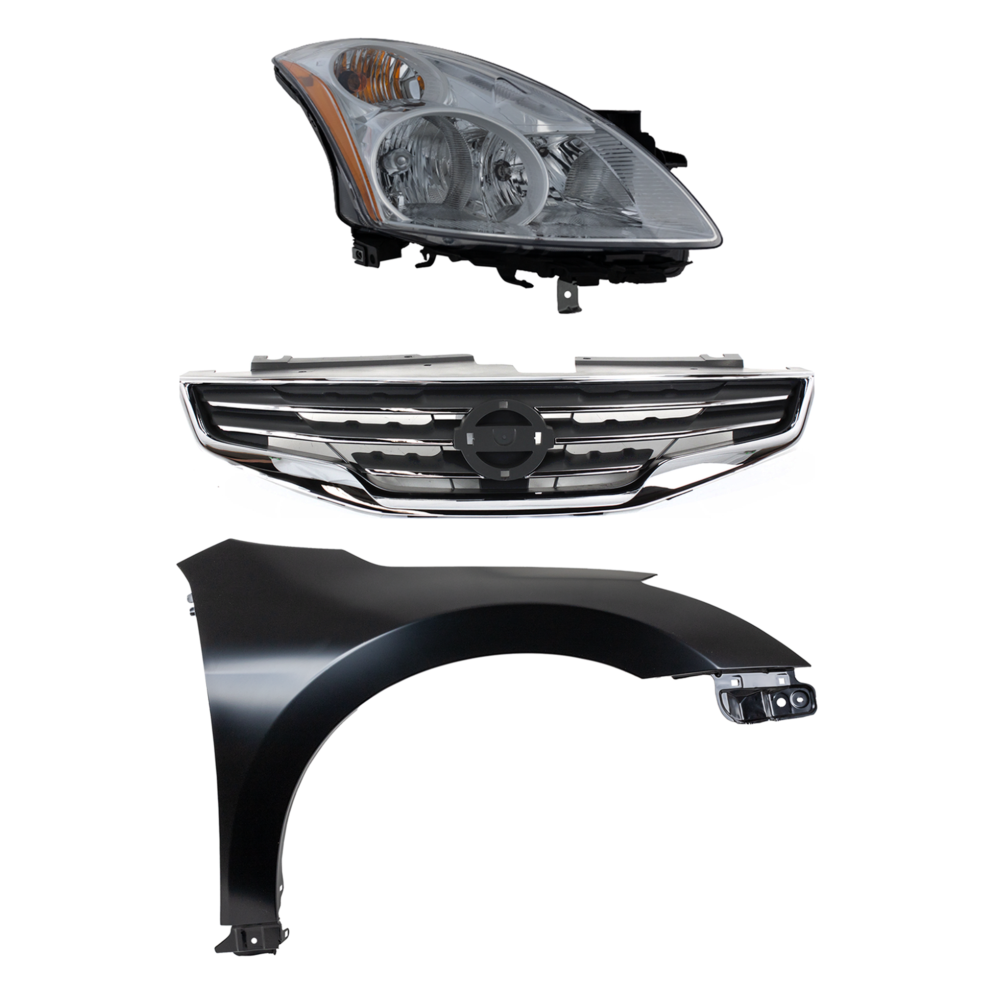 AM ALTIMA 10-12 HEAD LAMP RH Assembly Halogen 3 pc Kit with Fender and Grille Assembly SKU KIT 030823-16301 Partslink NI2503190 NI1241186 NI1200236 OEM 26010ZX00A 63100ZN55A 62070ZX0