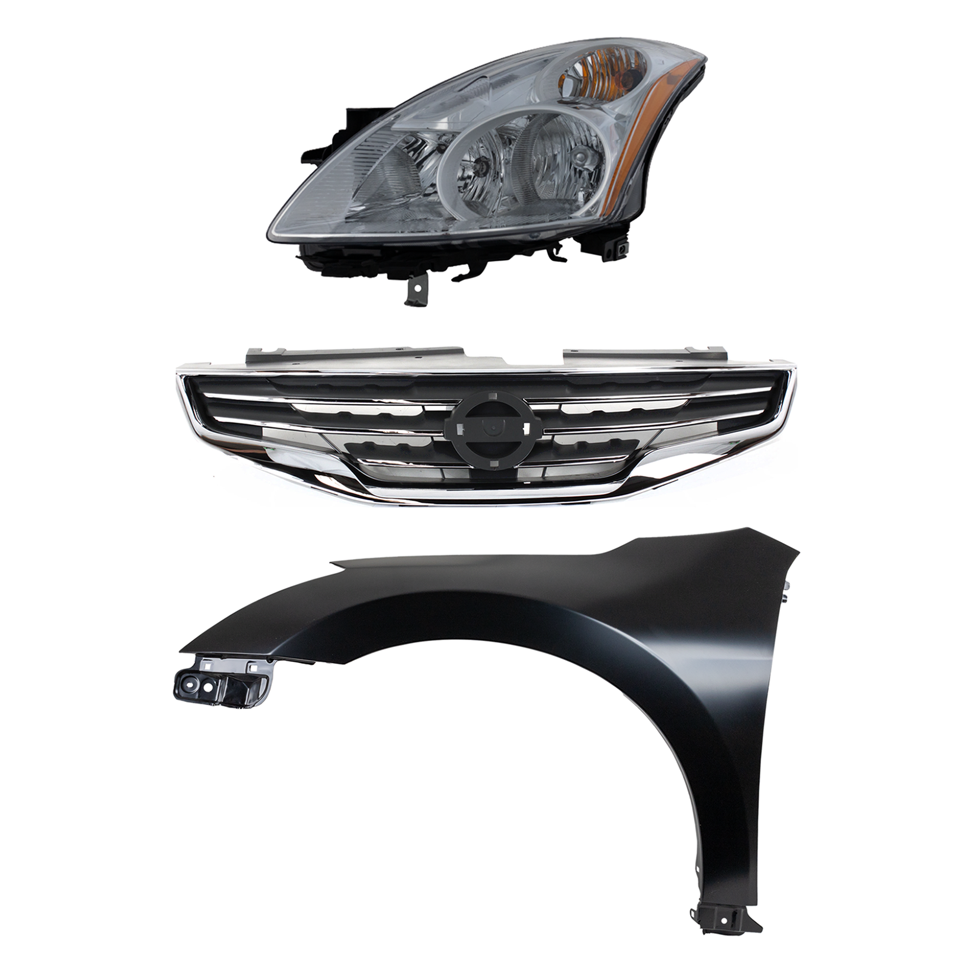 AM ALTIMA 10-12 HEAD LAMP LH Assembly Halogen 3 pc Kit with Fender and Grille Assembly SKU KIT 030823-16302 Partslink NI2502190 NI1240186 NI1200236 OEM 26060ZX00A 63101ZN55A 62070ZX0