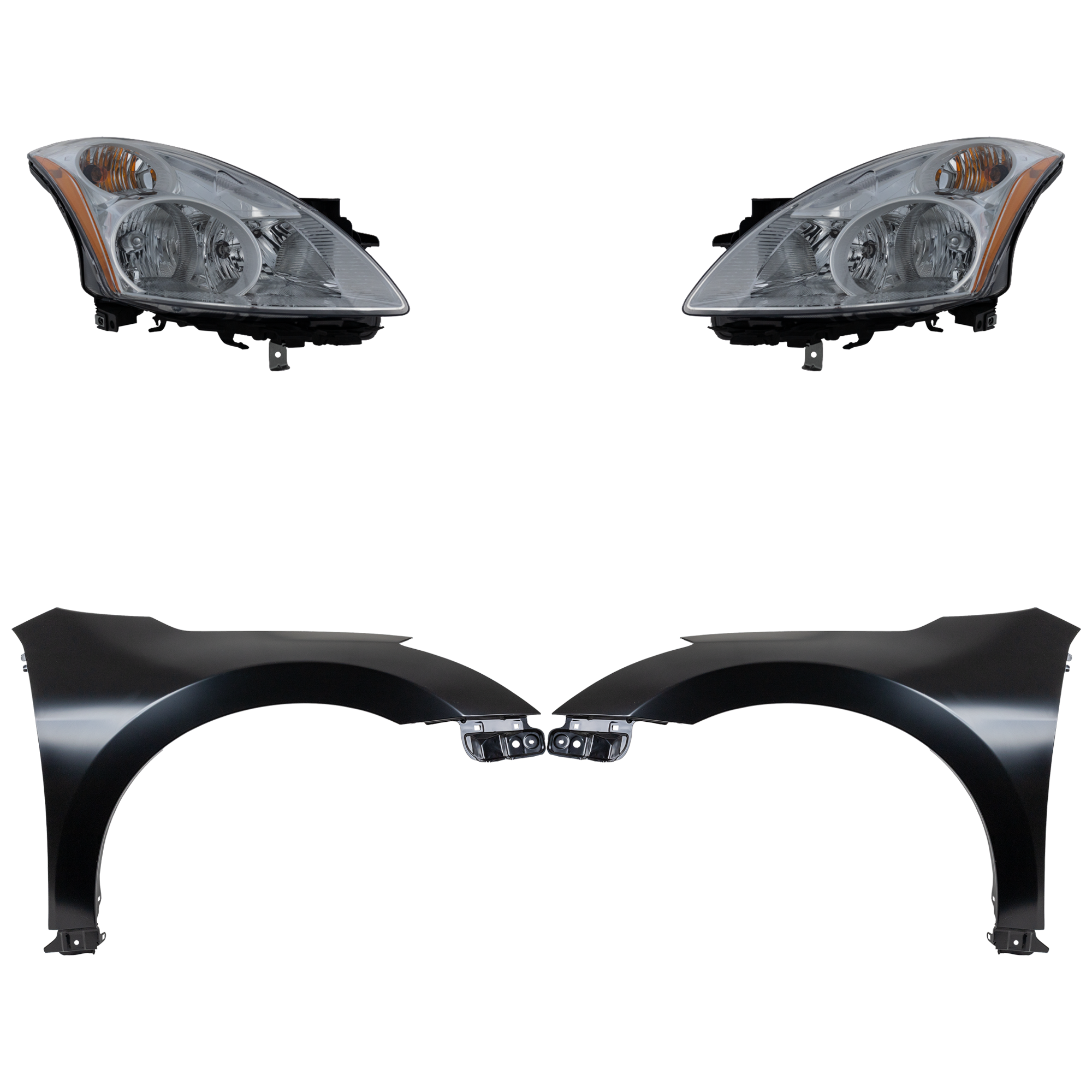 AM ALTIMA 10-12 HEAD LAMP RH AND LH Assembly Halogen 4 pc Kit with Fenders SKU KIT 030823-16303 Partslink NI2502190 NI2503190 NI1240186 NI1241186 OEM 26010ZX00A 26060ZX00A 63101ZN5