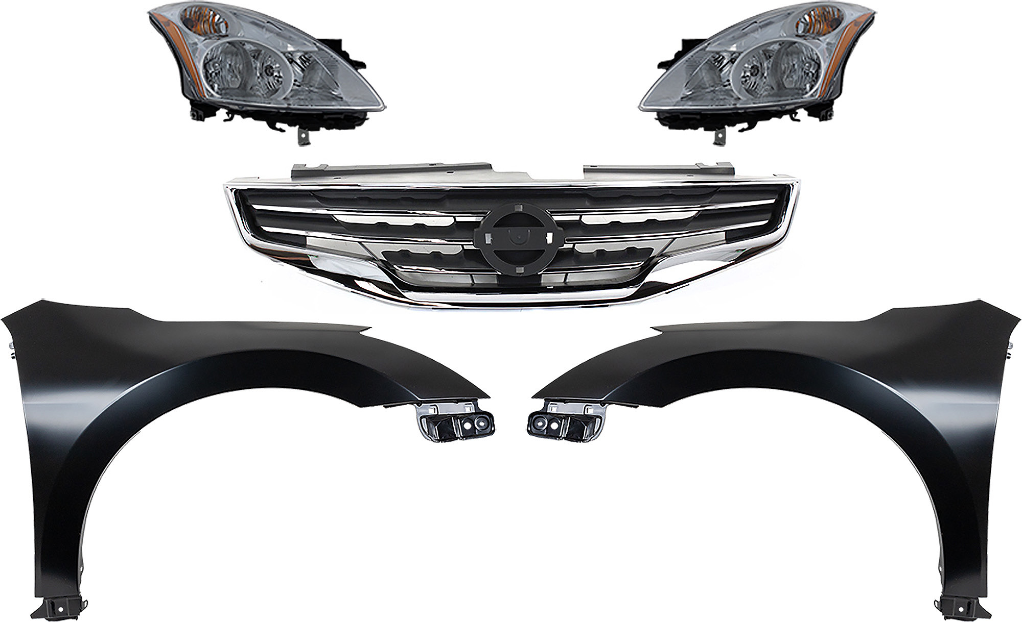 AM ALTIMA 10-12 HEAD LAMP RH AND LH Assembly Halogen 5 pc Kit with Fenders and Grille Assembly SKU KIT 030823-163 Partslink NI2502190 NI2503190 NI1241186 NI1240186 NI1200236 OEM 26010ZX00A 26060ZX00A 63100ZN5