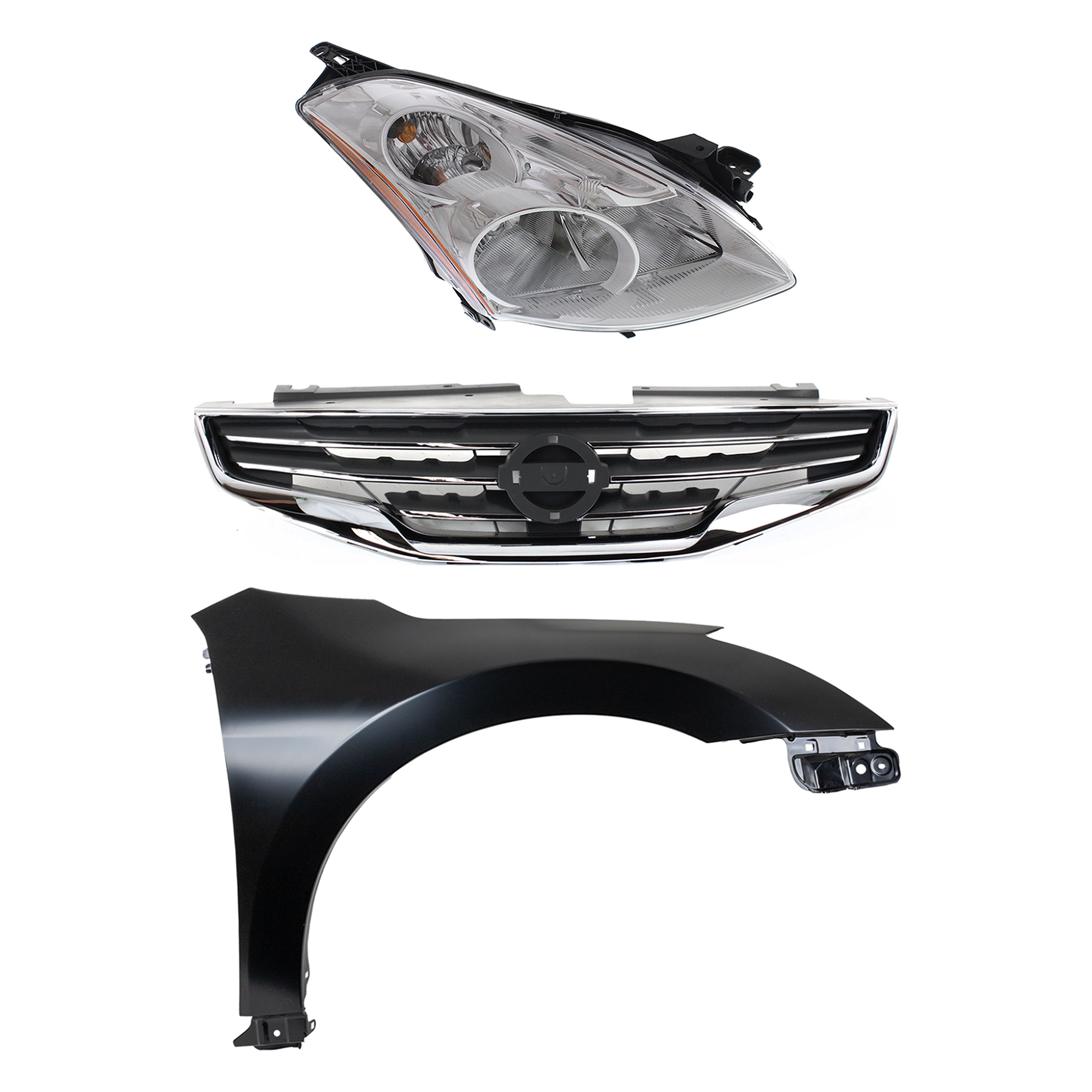 AM ALTIMA 10-12 HEAD LAMP RH Lens and Housing HID Xenon 3 pc Kit with Fender and Grille Assembly SKU KIT 030823-16501 Partslink NI1241186 NI1200236 OEM 26010ZX20A PFM 63100ZN55A 6207