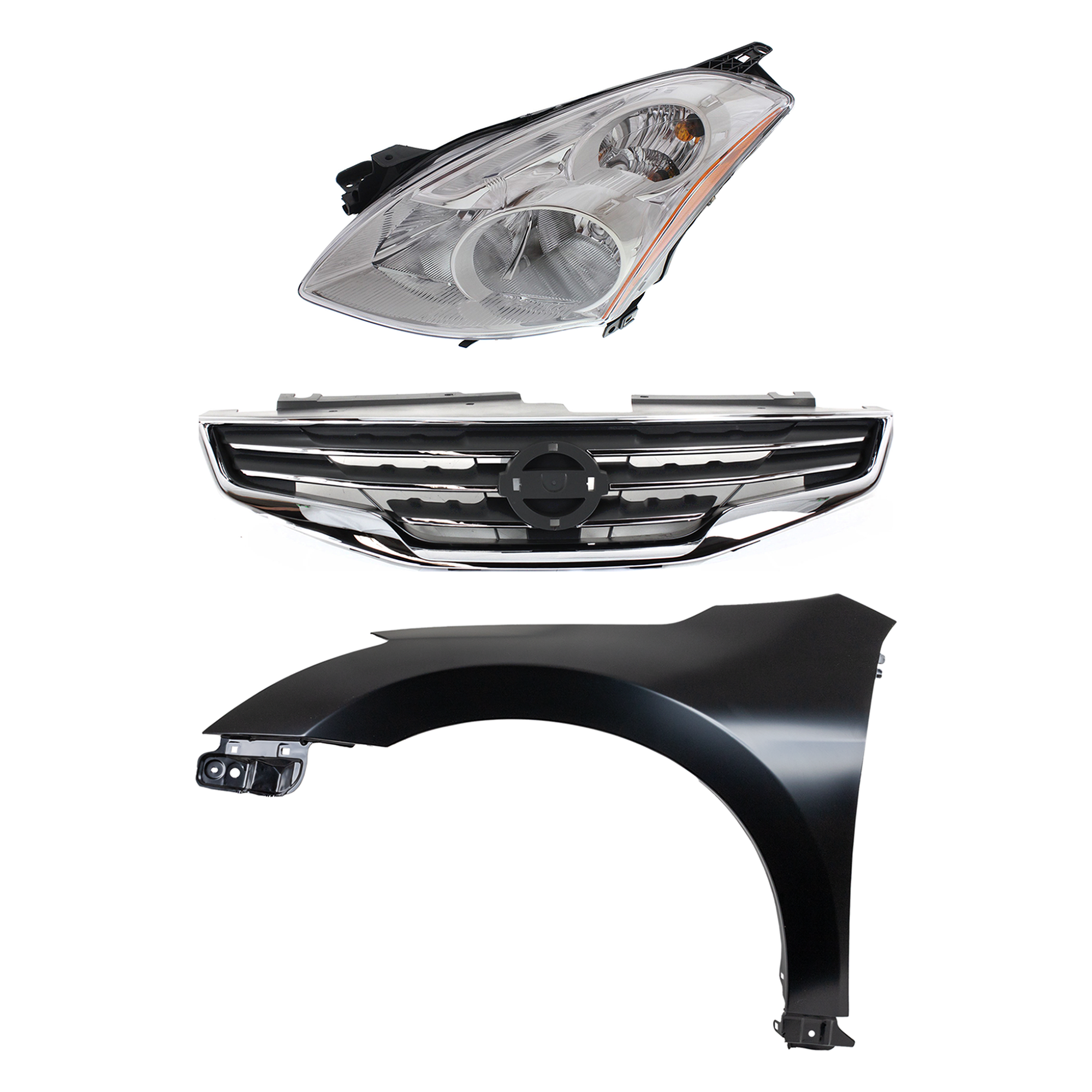 AM ALTIMA 10-12 HEAD LAMP LH Lens and Housing HID Xenon 3 pc Kit with Fender and Grille Assembly SKU KIT 030823-16502 Partslink NI1240186 NI1200236 OEM 26060ZX20A PFM 63101ZN55A 6207