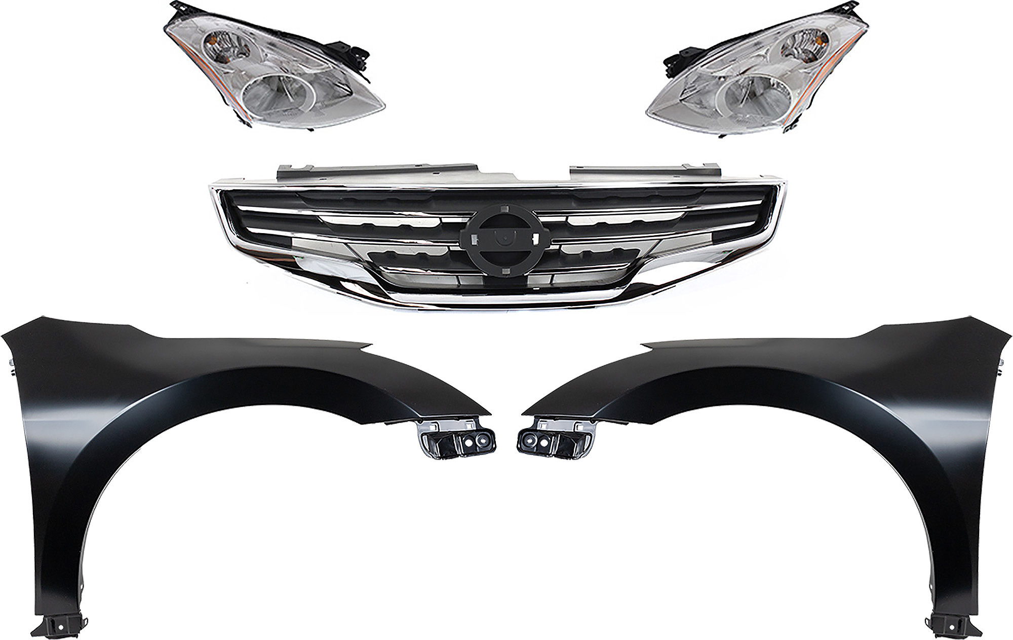 AM ALTIMA 10-12 HEAD LAMP RH AND LH Lens and Housing HID Xenon 5 pc Kit with Fenders and Grille Assembly SKU KIT 030823-165 Partslink NI1241186 NI1240186 NI1200236 OEM 26010ZX20A PFM 26060ZX20A PFM