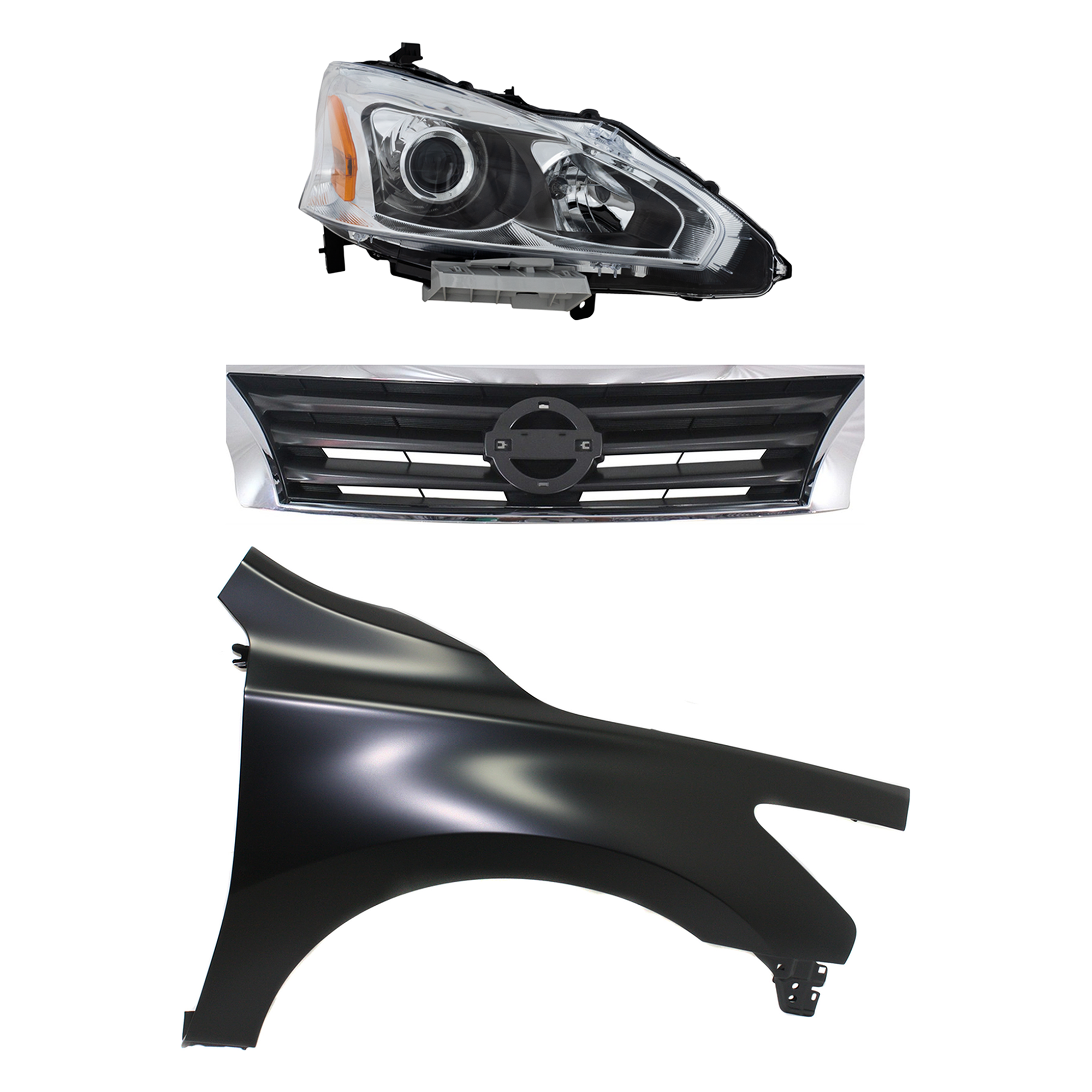 AM ALTIMA 13-15 HEAD LAMP RH Assembly Halogen 3 pc Kit with Fender and Grille Assembly SKU KIT 030823-16801 Partslink NI2503208 NI1241205 NI1200250 OEM 260103TA9A 631003TA0A 623103TA