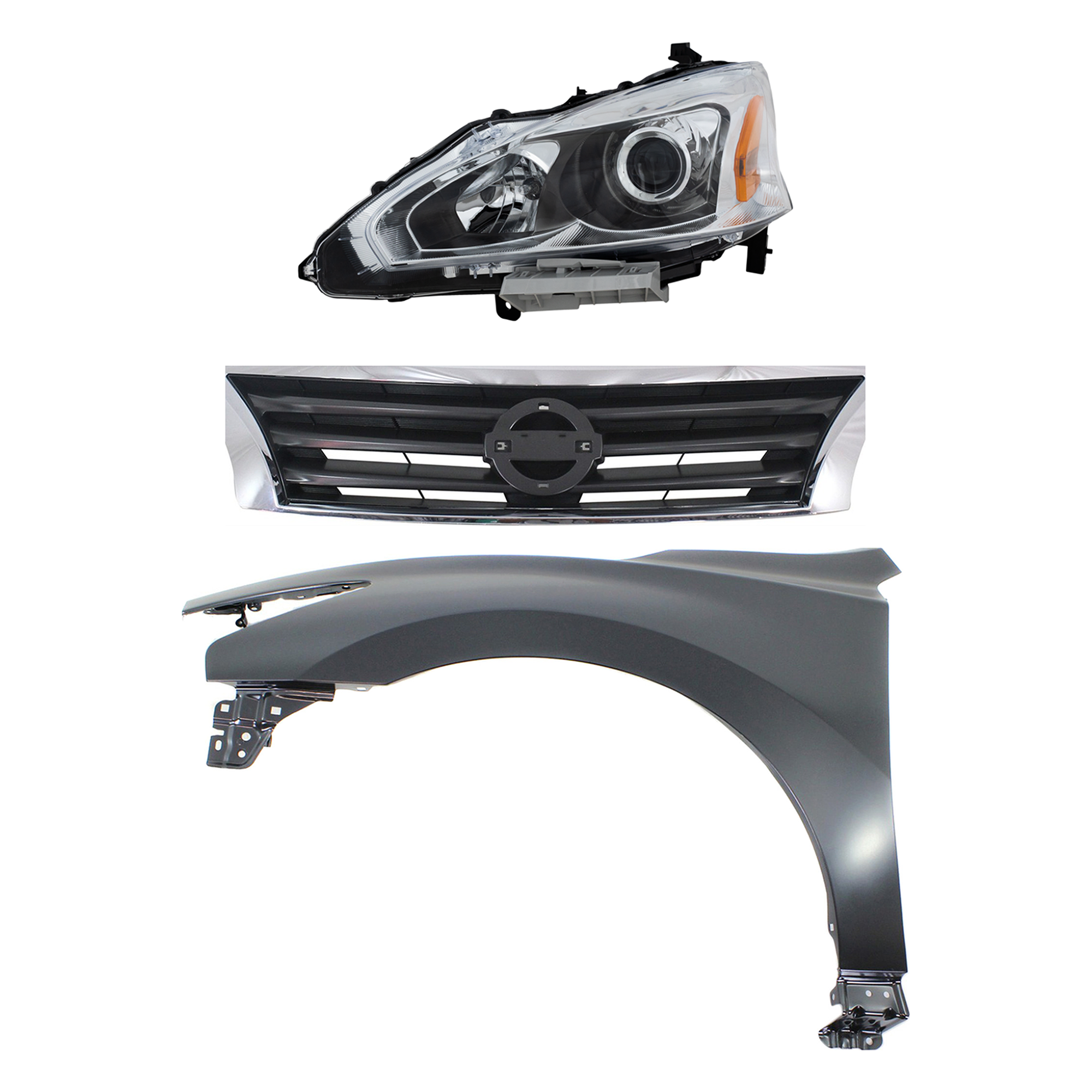 AM ALTIMA 13-15 HEAD LAMP LH Assembly Halogen 3 pc Kit with Fender and Grille Assembly SKU KIT 030823-16802 Partslink NI2502208 NI1240205 NI1200250 OEM 260603TA9A 631013TA0A 623103TA