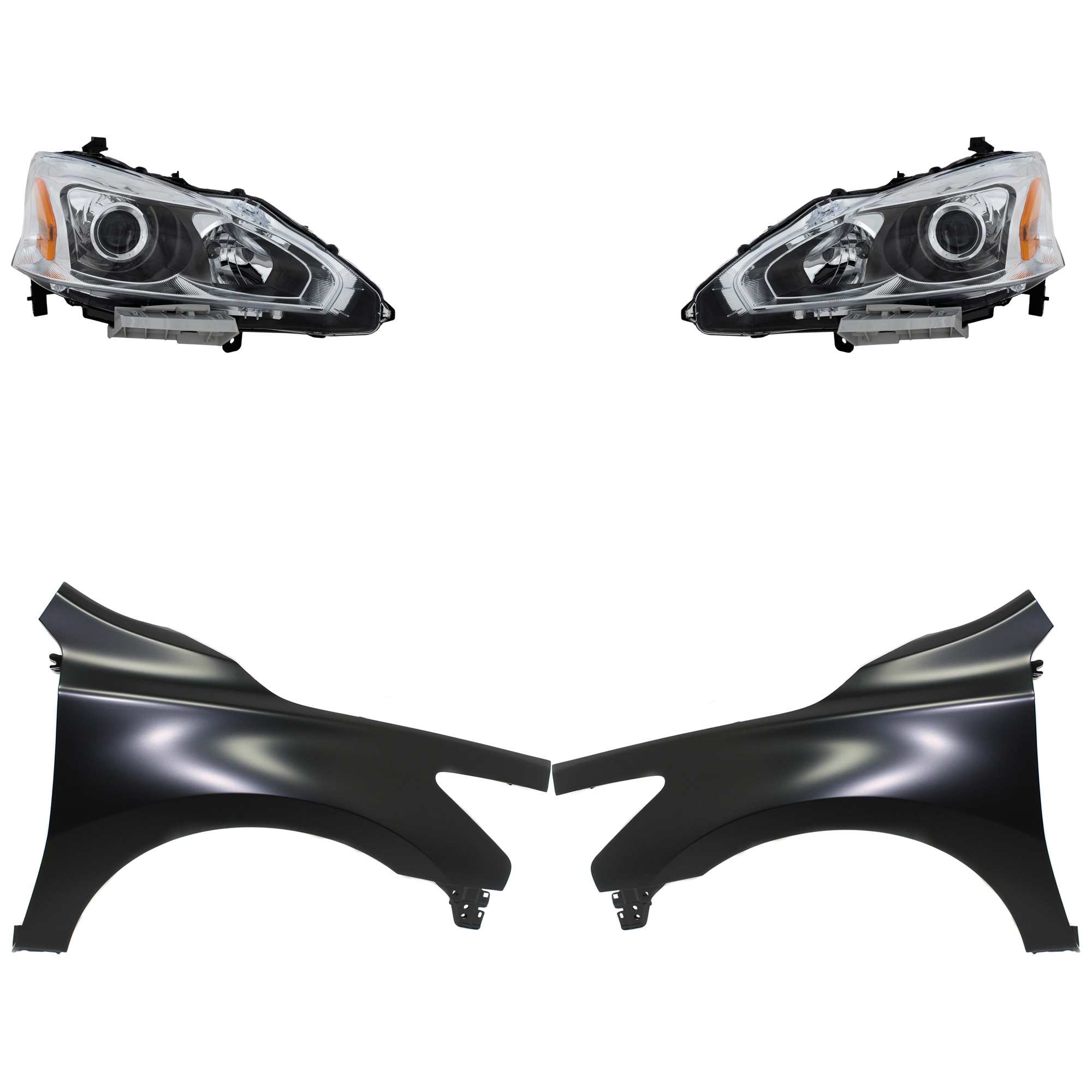 AM ALTIMA 13-15 HEAD LAMP RH AND LH Assembly Halogen 4 pc Kit with Fenders SKU KIT 030823-16803 Partslink NI2503208 NI2502208 NI1240205 NI1241205 OEM 260103TA9A 260603TA9A 631013TA