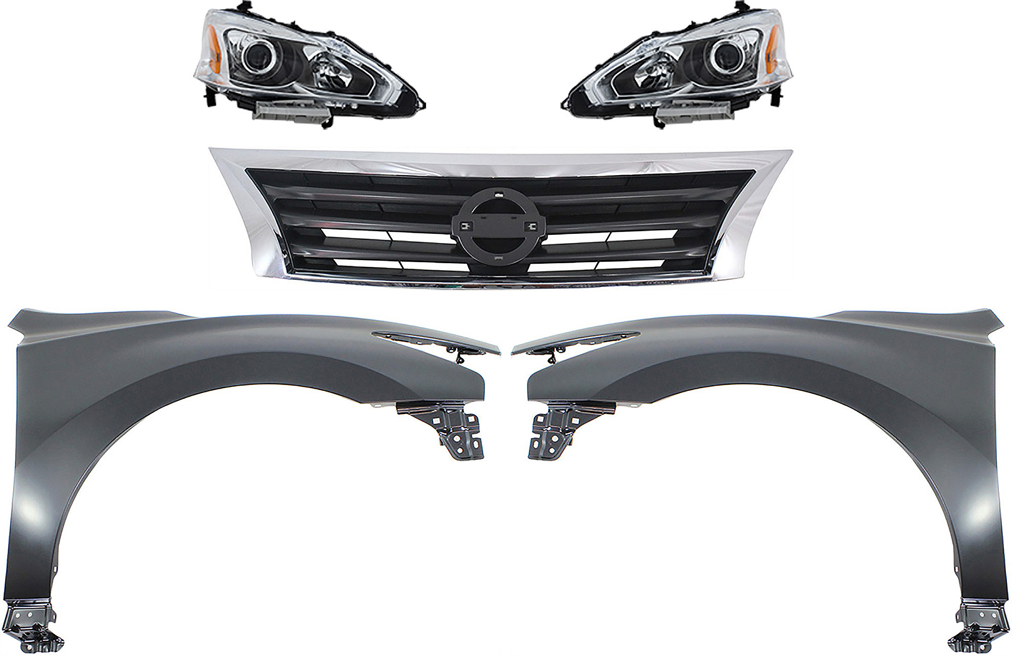 AM ALTIMA 13-15 HEAD LAMP RH AND LH Assembly Halogen 5 pc Kit with Fenders and Grille Assembly SKU KIT 030823-168 Partslink NI2503208 NI2502208 NI1241205 NI1240205 NI1200250 OEM 260103TA9A 260603TA9A 631003TA