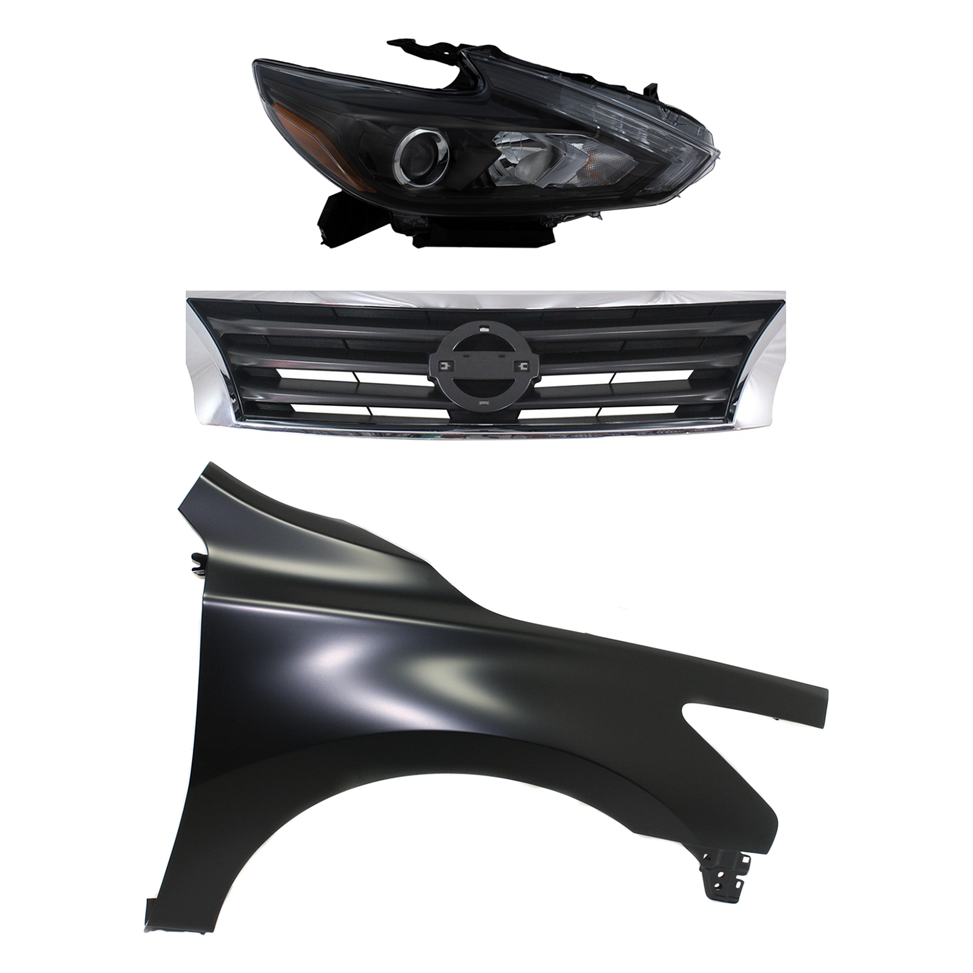 AM ALTIMA 13-15 HEAD LAMP RH Assembly LED 3 pc Kit with Fender and Grille Assembly SKU KIT 030823-16901 Partslink NI2503243 NI1241205 NI1200250 OEM 260109HS3B 631003TA0A 623103TA