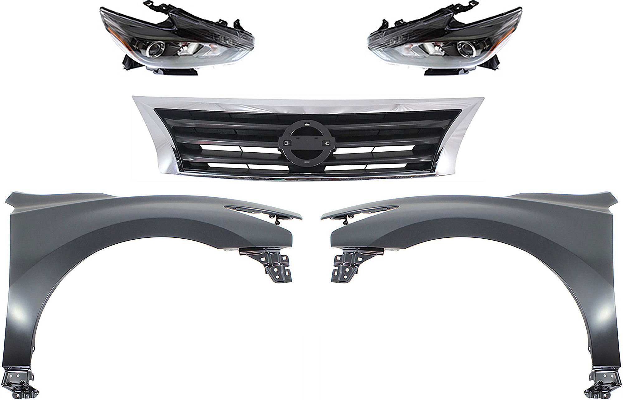 AM ALTIMA 13-15 HEAD LAMP RH AND LH Assembly LED 5 pc Kit with Fenders and Grille Assembly SKU KIT 030823-169 Partslink NI2503243 NI2502243 NI1241205 NI1240205 NI1200250 OEM 260109HS3B 260609HS3B 631003TA