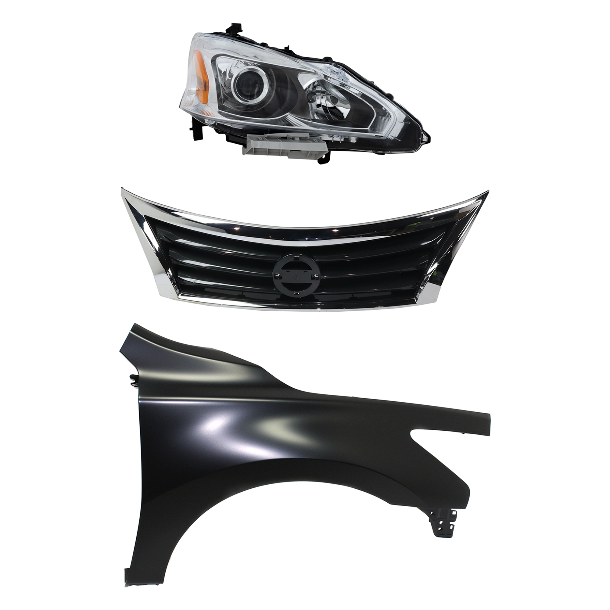 AM ALTIMA 13-15 HEAD LAMP RH Assembly Halogen 3 pc Kit with Fender and Grille Assembly CAPA SKU KIT 030823-17001 Partslink NI2503208C NI1241205C NI1200250C OEM 260103TA9A 631003TA0A 623103TA