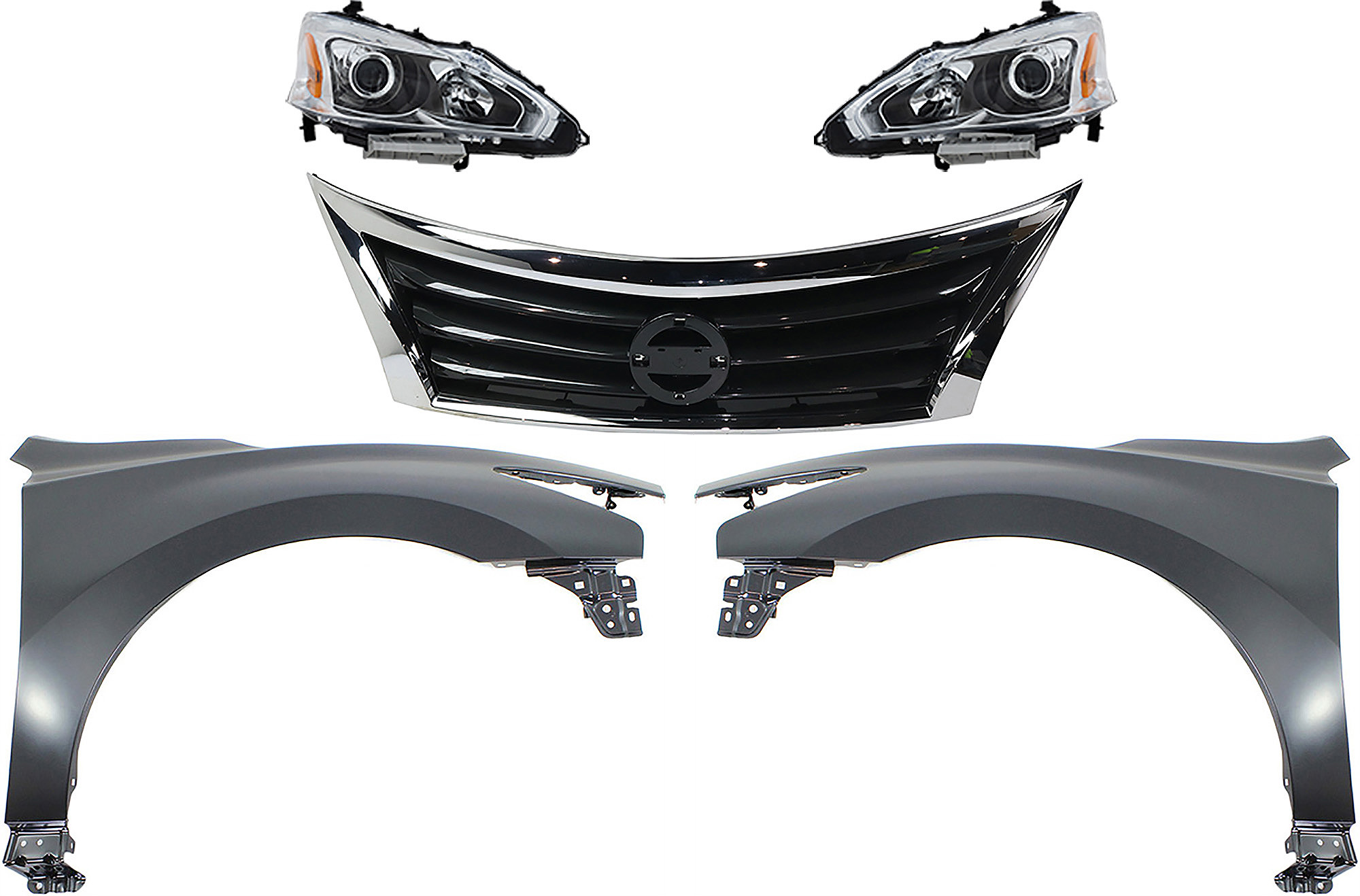 AM ALTIMA 13-15 HEAD LAMP RH AND LH Assembly Halogen 5 pc Kit with Fenders and Grille Assembly CAPA SKU KIT 030823-170 Partslink NI1200250C NI1240205C NI1241205C NI2502208C NI2503208C OEM 260103TA9A 260603TA9A 623103TA