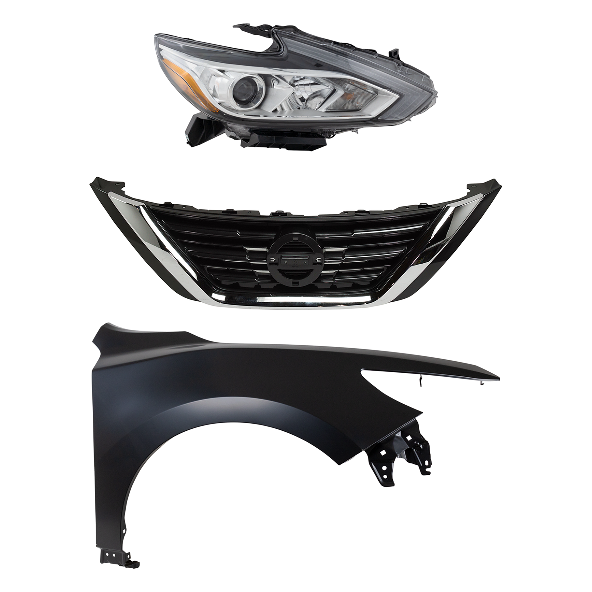 AM ALTIMA 16-18 HEAD LAMP RH Assembly Halogen 3 pc Kit with Fender and Grille Assembly SKU KIT 030823-17101 Partslink NI2503247 NI1241221 NI1200283 OEM 260109HS9A 631009HS0A 623109HS